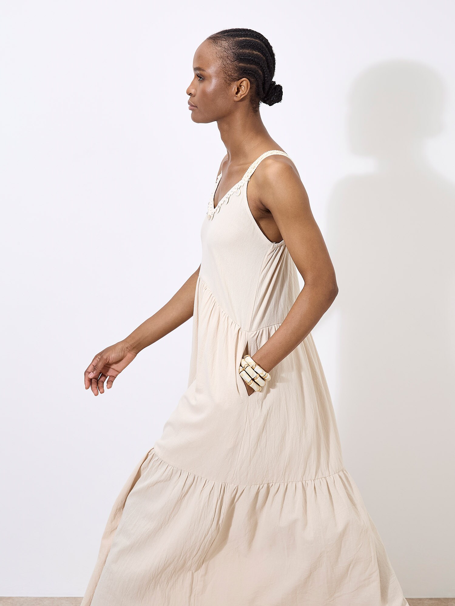 Thumbnail - Apricot Bead Embellished Cotton Midaxi Dress