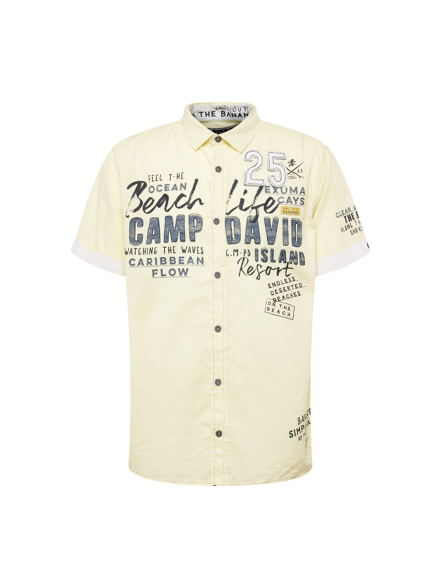 CAMP DAVID Košeľa 'Beach Life' modrosivá / pastelovo žltá / čierna / biela