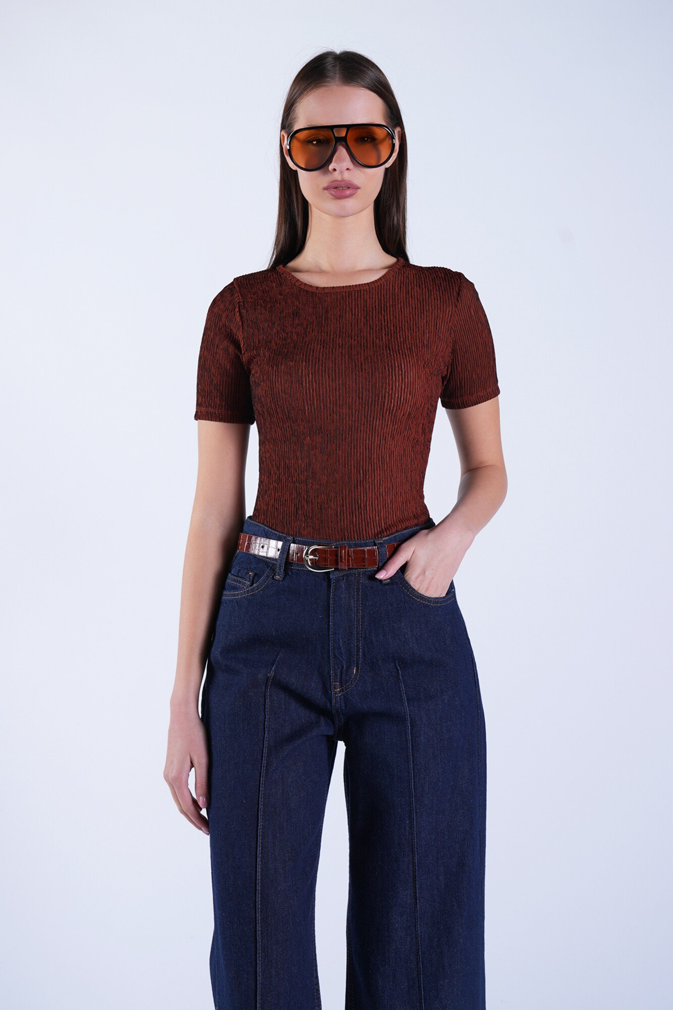 Trend Alaçatı Stili Tricou roșu ruginiu / negru