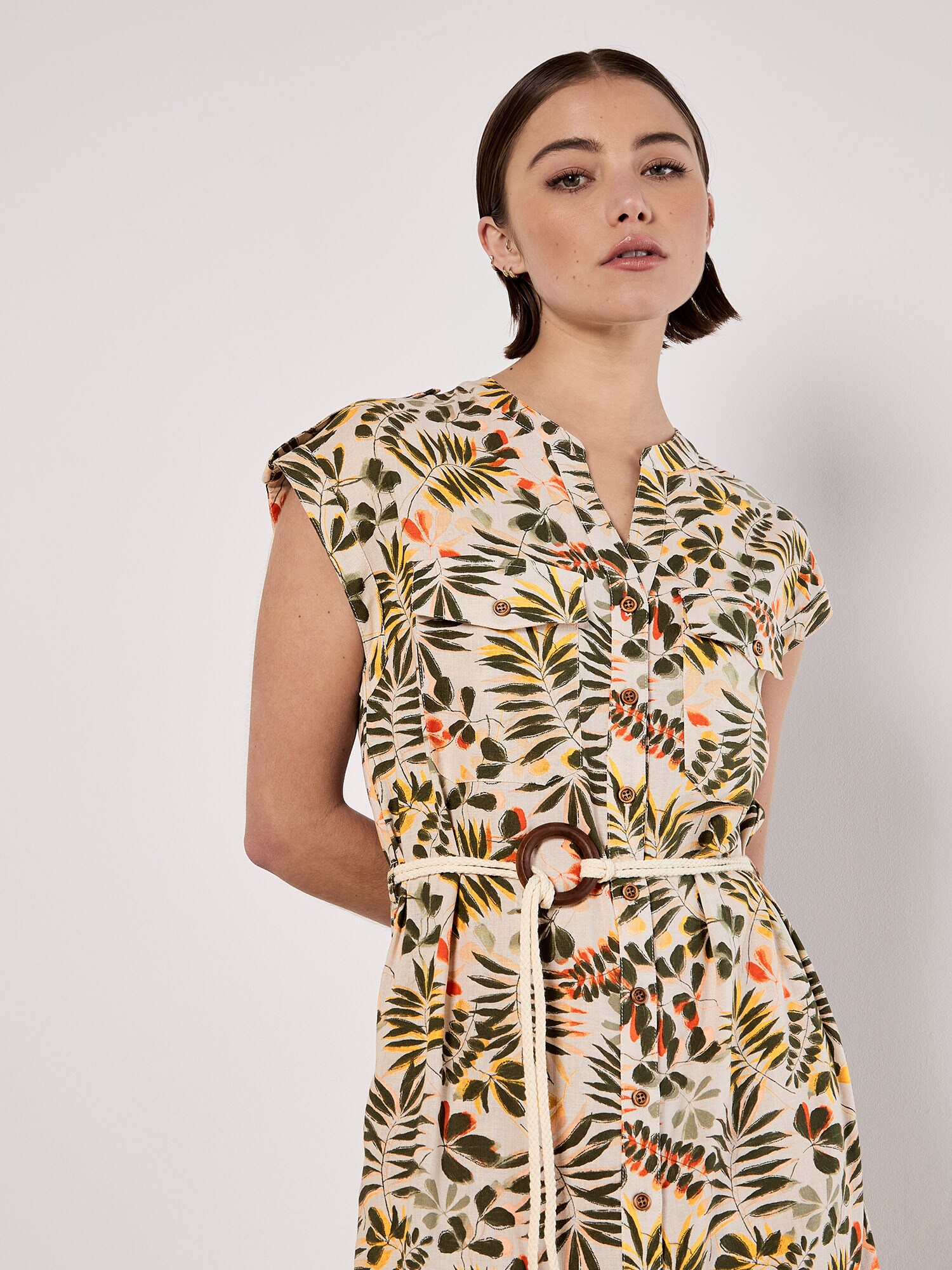Thumbnail - Apricot Belted Leaf Print Midi Shirt Dress