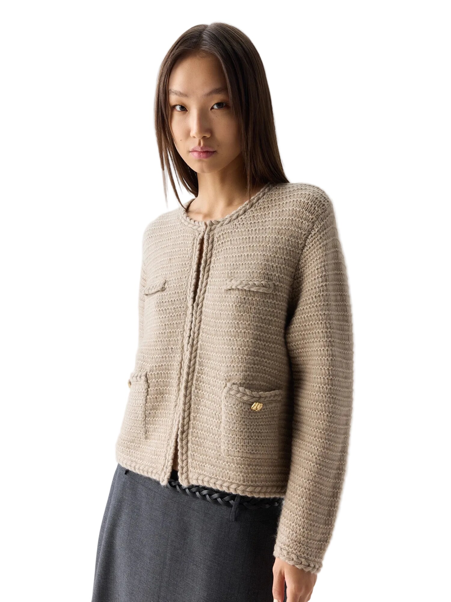 GOBI Cashmere Cárdigan 'Textured Knit Cashmere Jacket-Style Cardigan'  beige moteado
