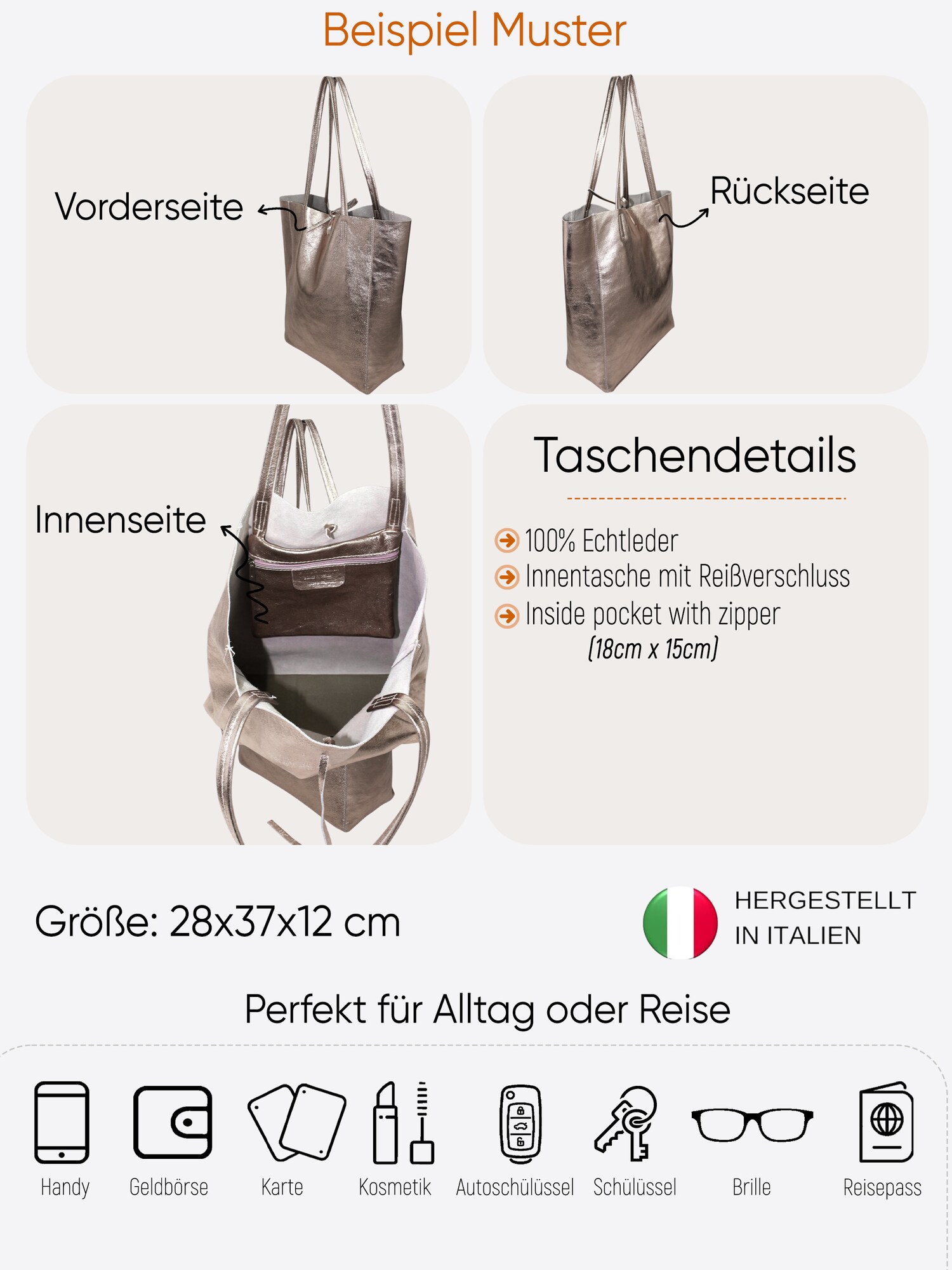 Thumbnail - SevaBags Shopper Shopper Tasche Damen in Metallic Echtleder