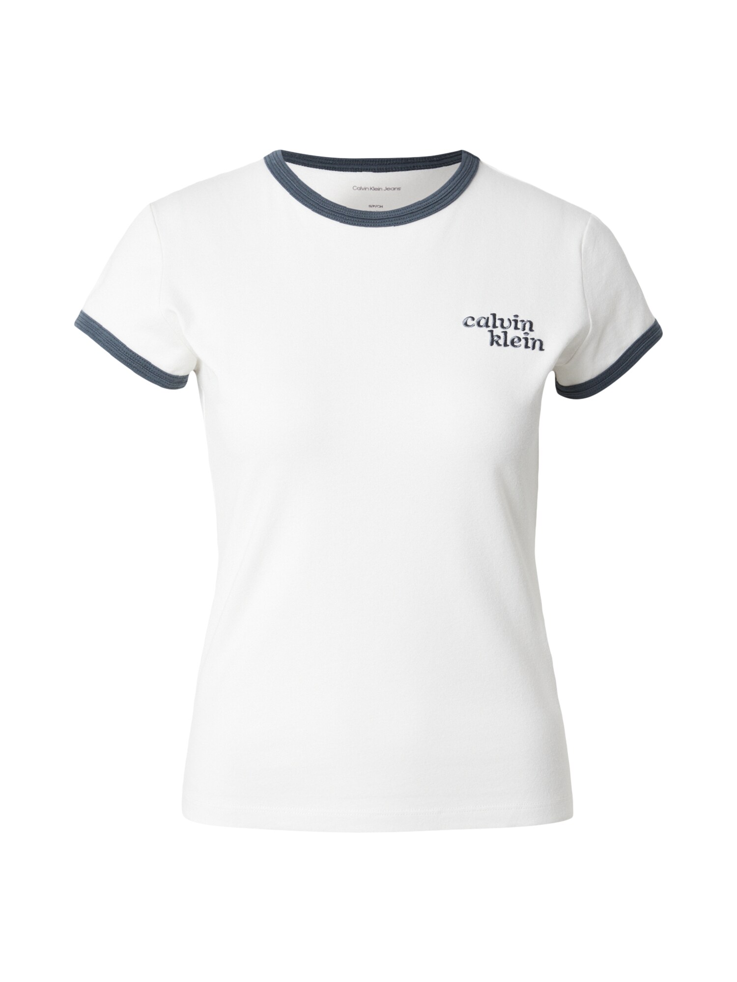 Calvin Klein Jeans Camiseta 'Embroidered Logo Ringer' ecru / gris