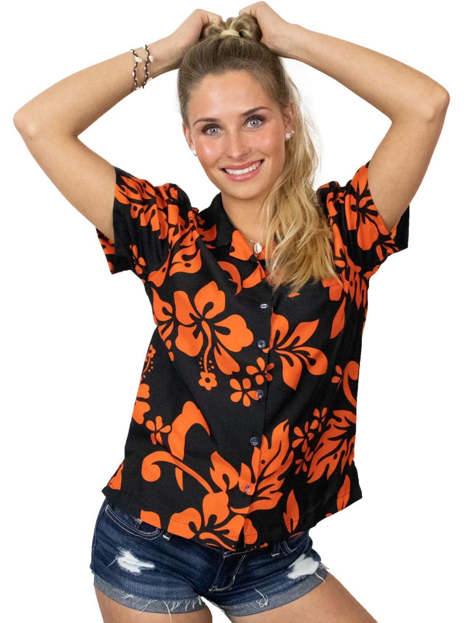 Thumbnail - King Kameha Bluse Hibiscus Black Line