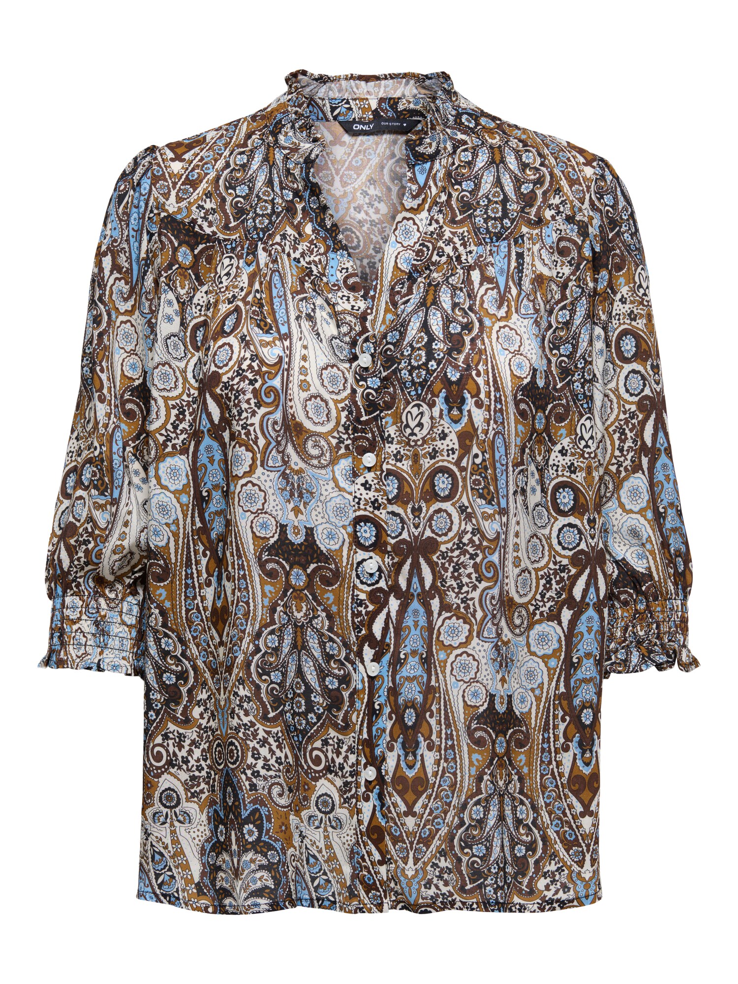 ONLY Carmakoma Blusa 'CARRAYA' ecru / azul claro / marrón / marrón oscuro