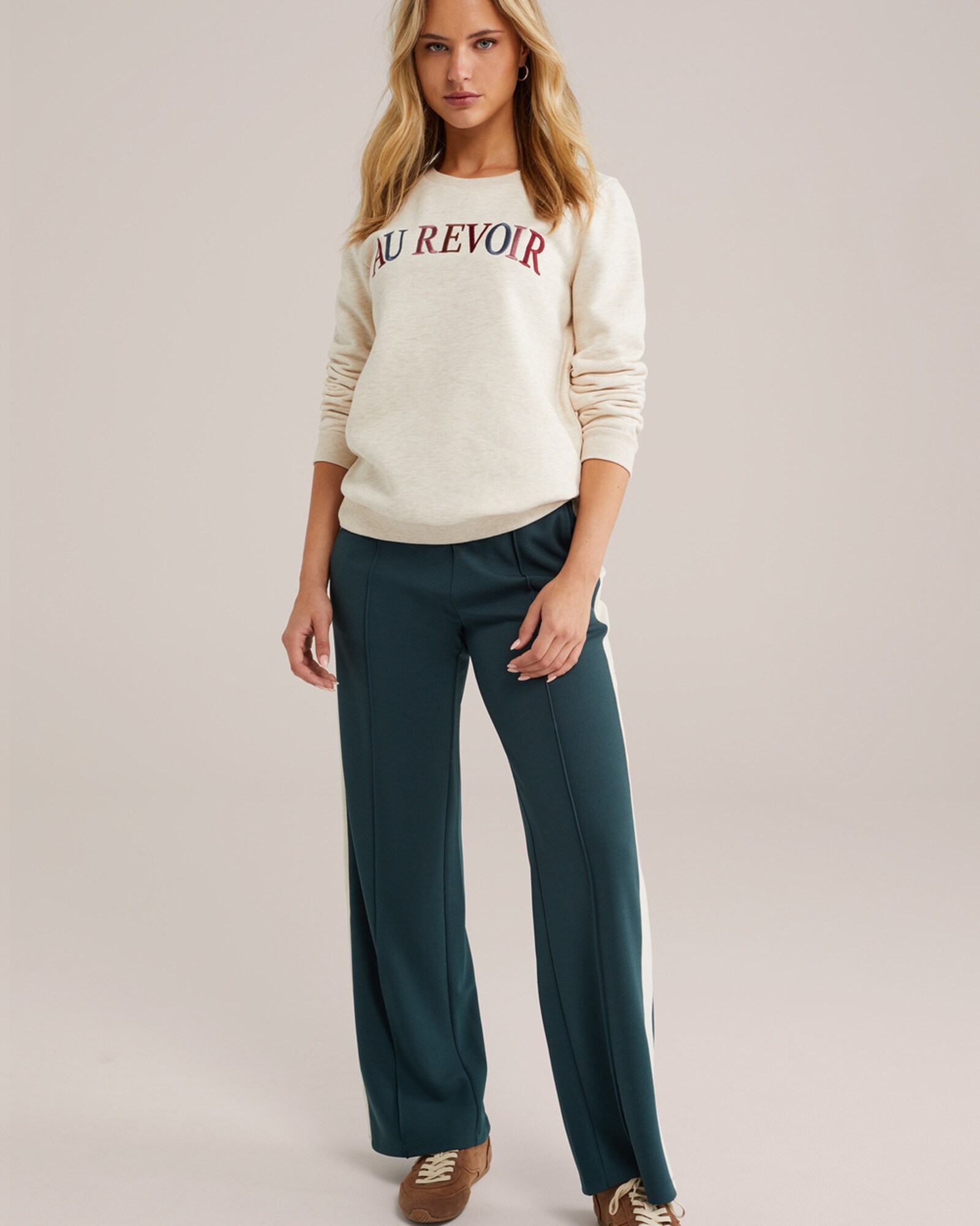 WE Fashion Nohavice s pukmi krémová / tmavozelená (obrázok 5)