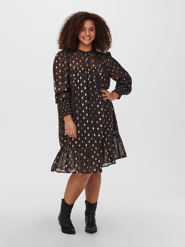 - Kleid mit goldenen Punkten von ONLY CARMAKOMA
- Netzoberstoff mit goldenen Punkten
- Geknöpfte Vorderseite
- Lange Ärmel mit gesmokten Details
- Rundhalsausschnitt
- Länge: 105 cm in Größe 46
- Das Model trägt Größe 46