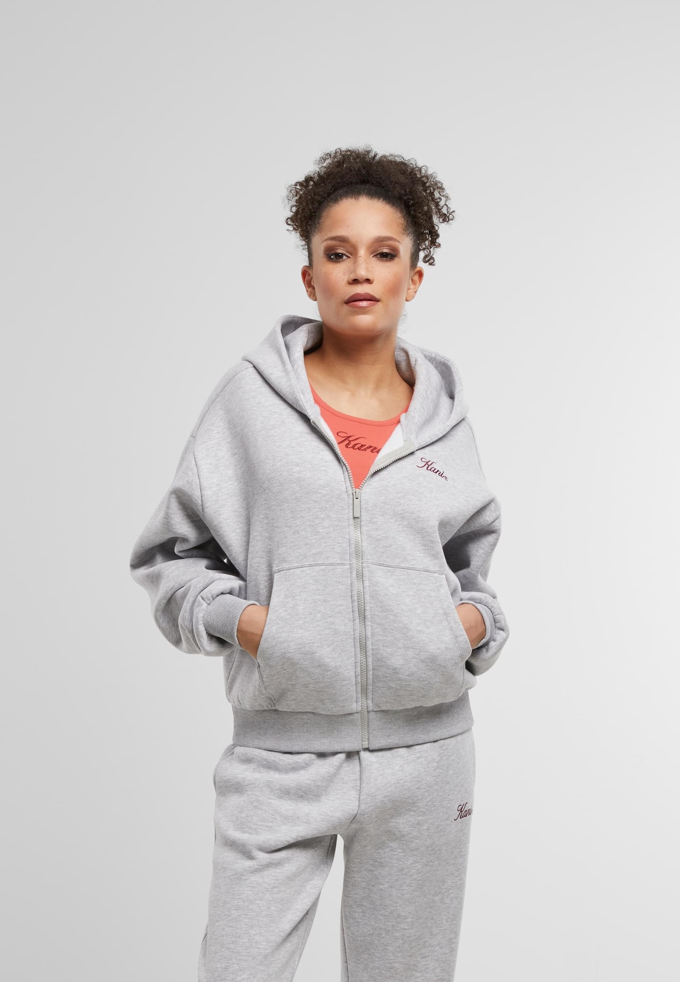Karl Kani Sudadera con cremallera gris moteado / rojo pastel / rojo oscuro – imagen 3