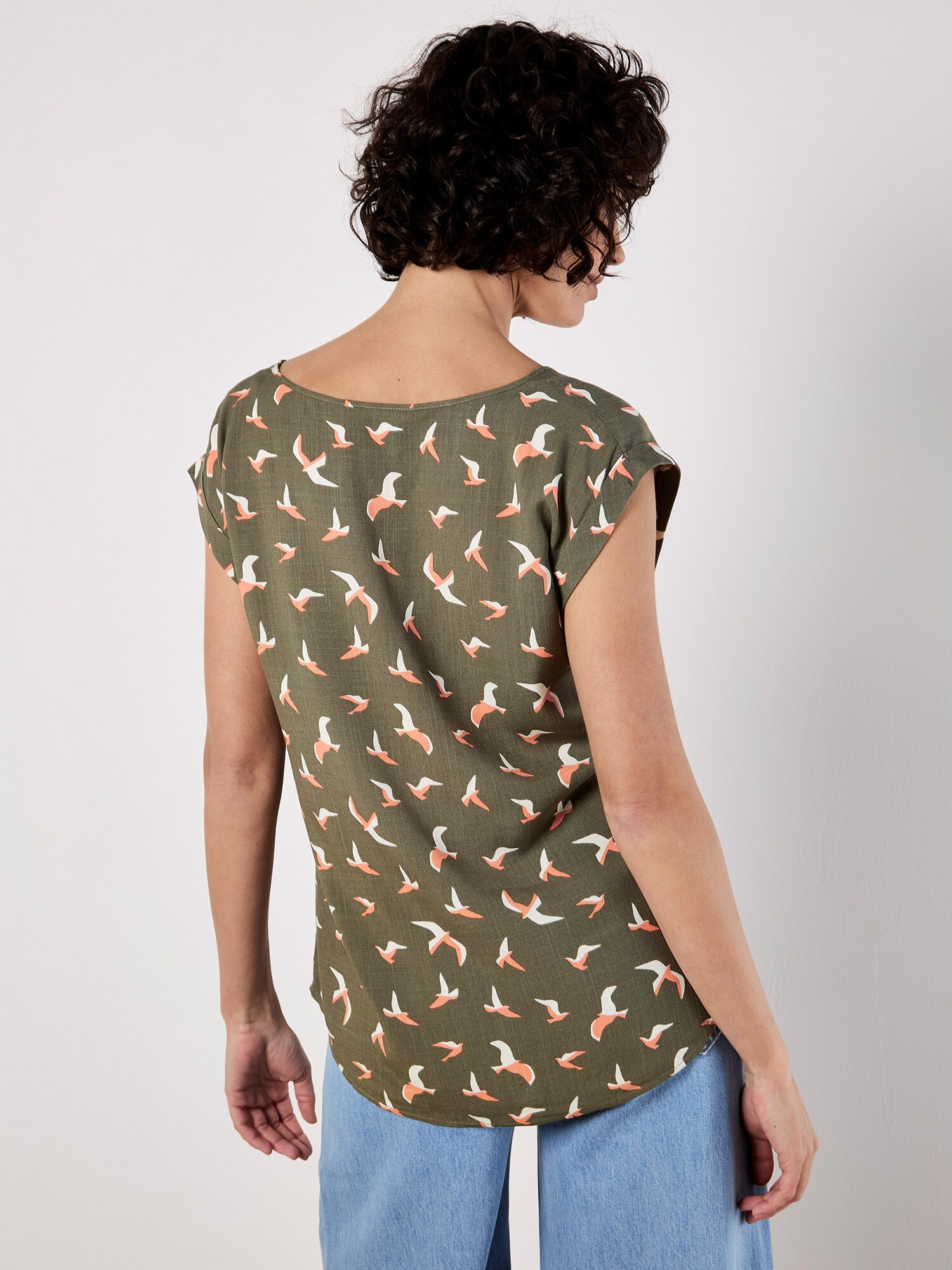 Thumbnail - Apricot Bird Print Graphic Woven T-Shirt