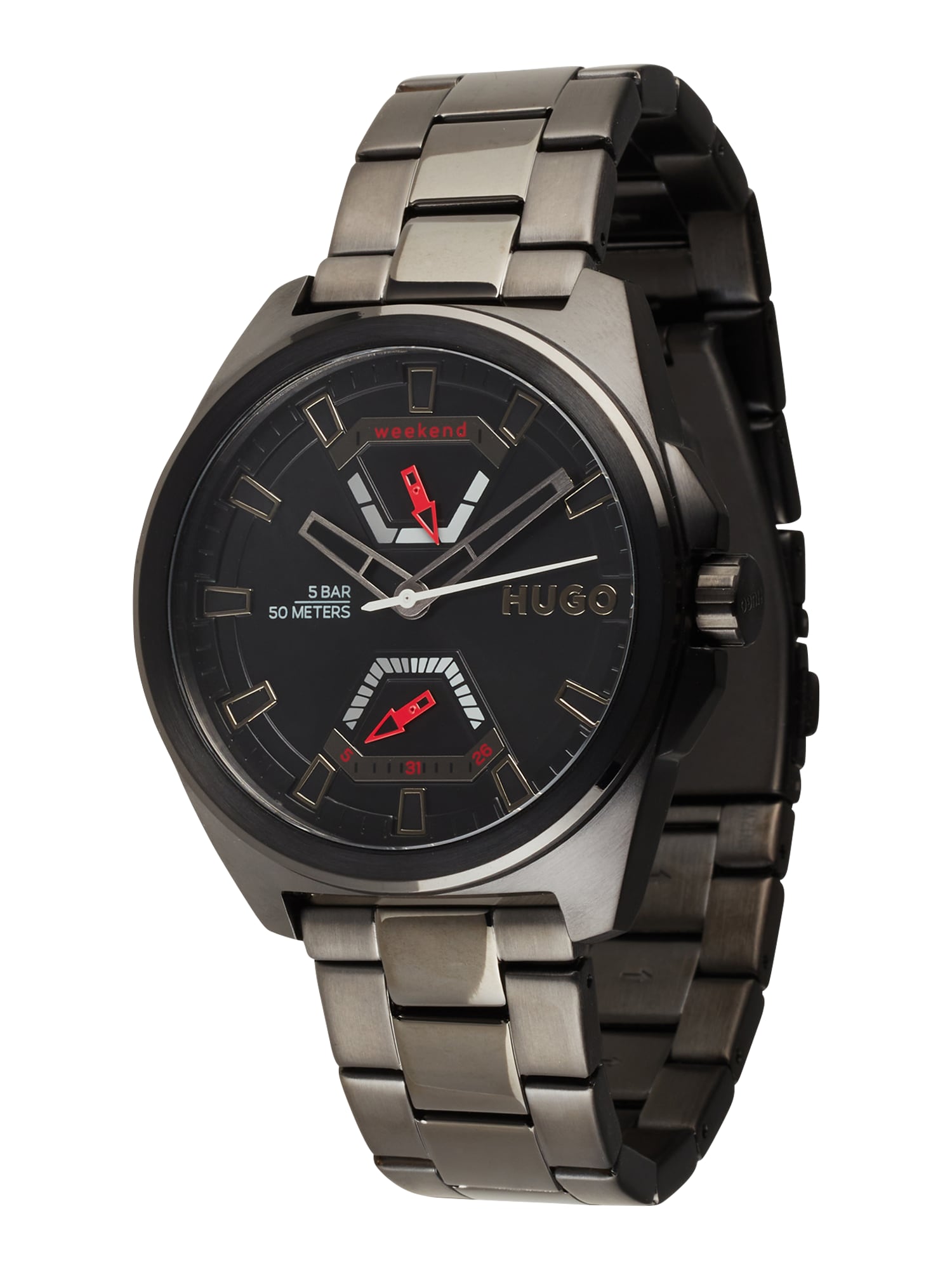 HUGO Analoginis (įprasto dizaino) laikrodis juoda / sidabro pilka / raudona