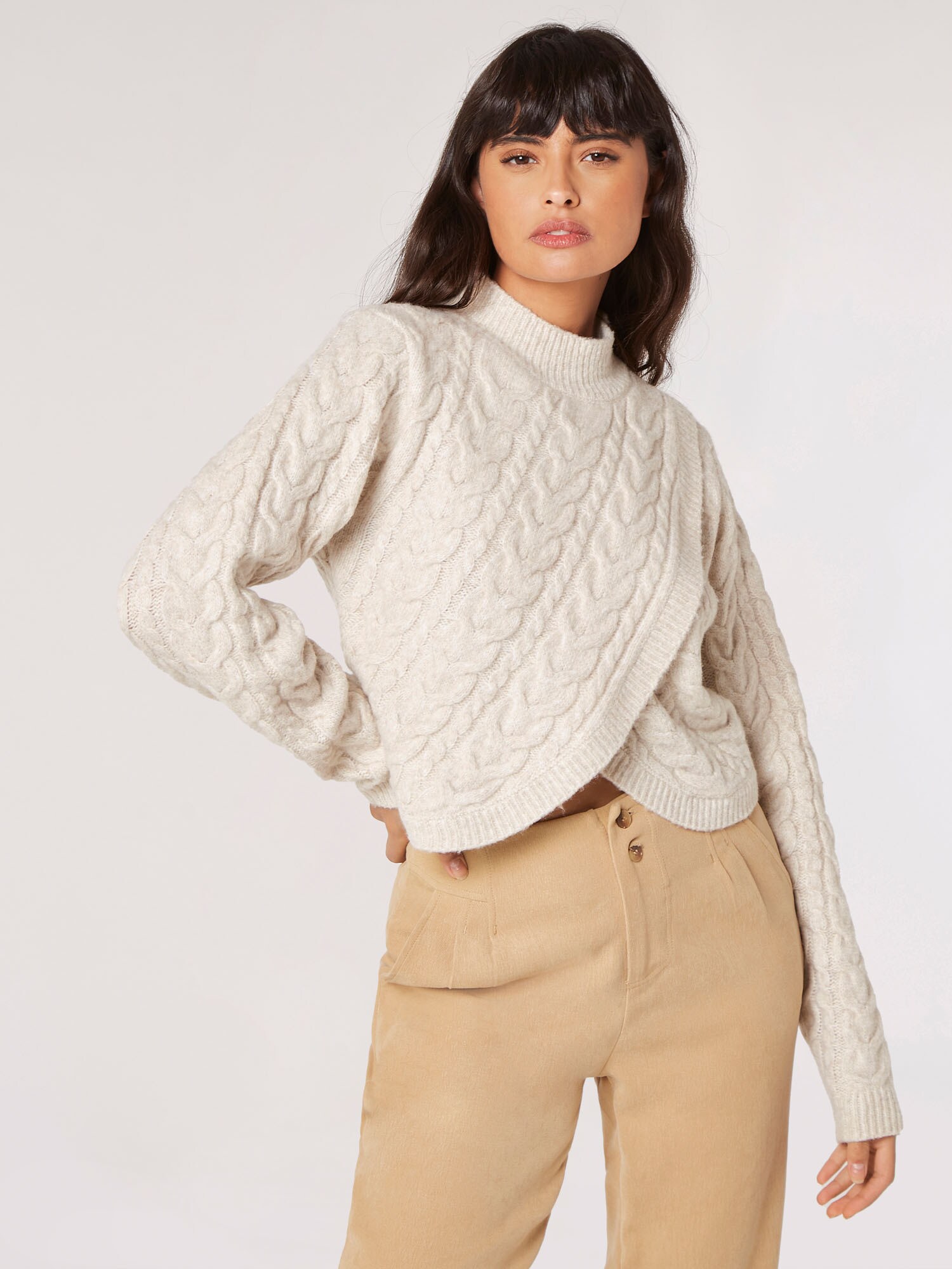 Thumbnail - Apricot Cable Knit Wrap Jumper