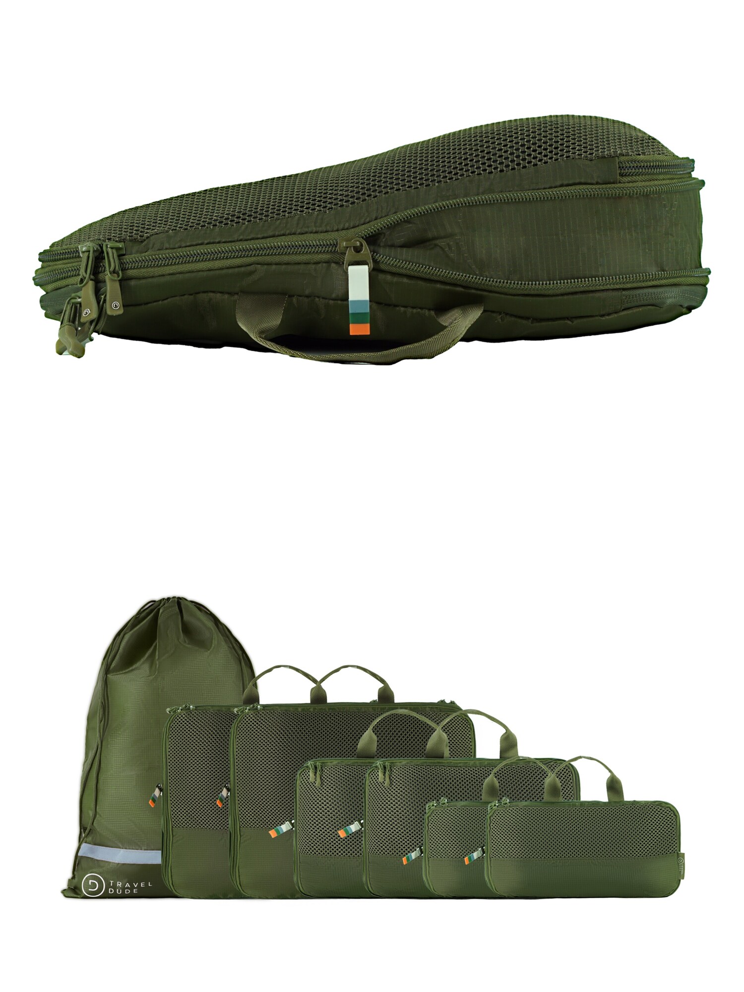 TRAVEL DUDE Putna torba 'Packing Cubes Set 7 Teilig mit Kompression, Packwürfel, Packtaschen Set für Rucksack & Koffer' tamno zelena