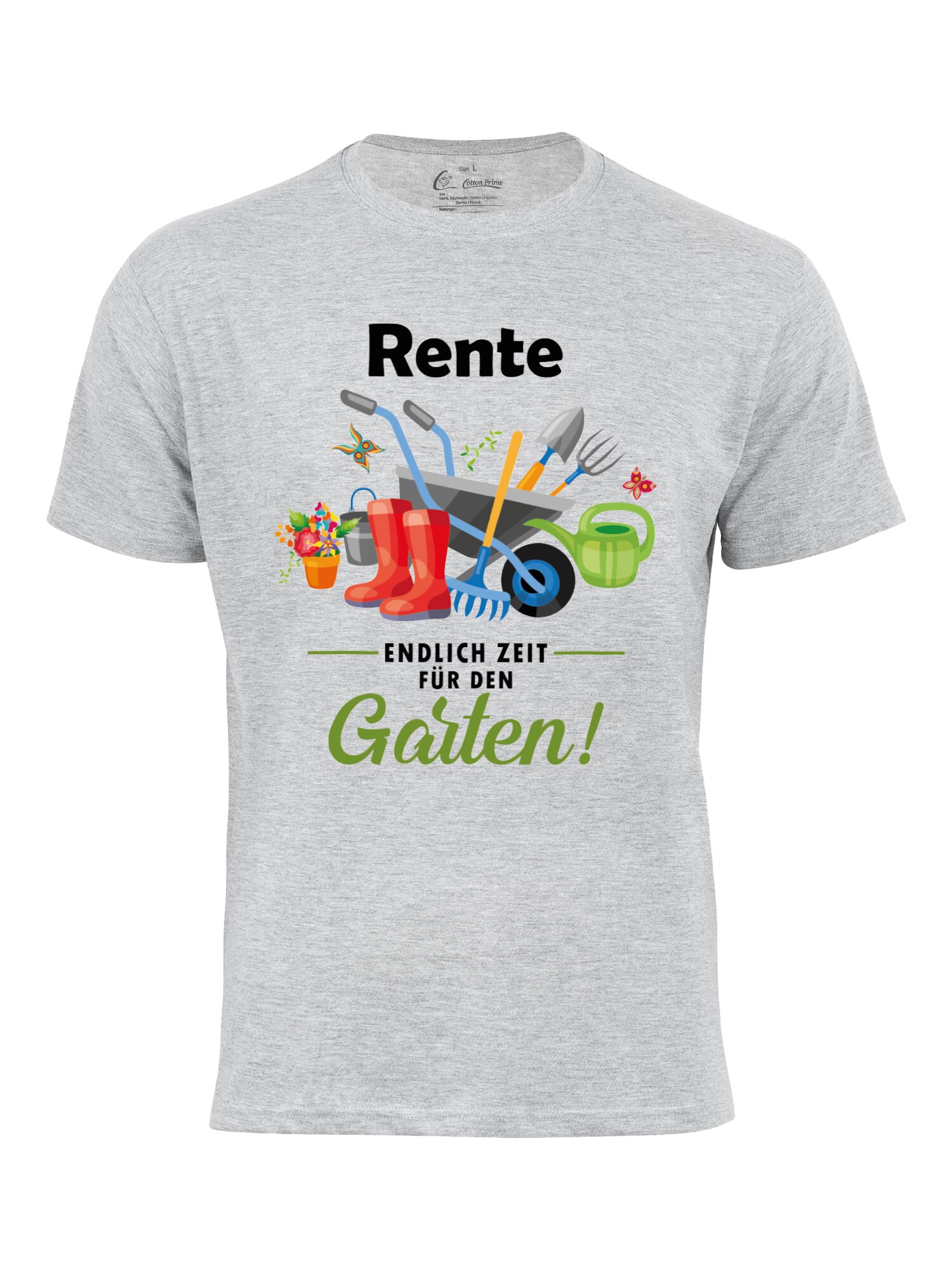 Cotton Prime Camiseta 'Rente - Endlich Zeit für den Garten' gris / verde / rojo / negro