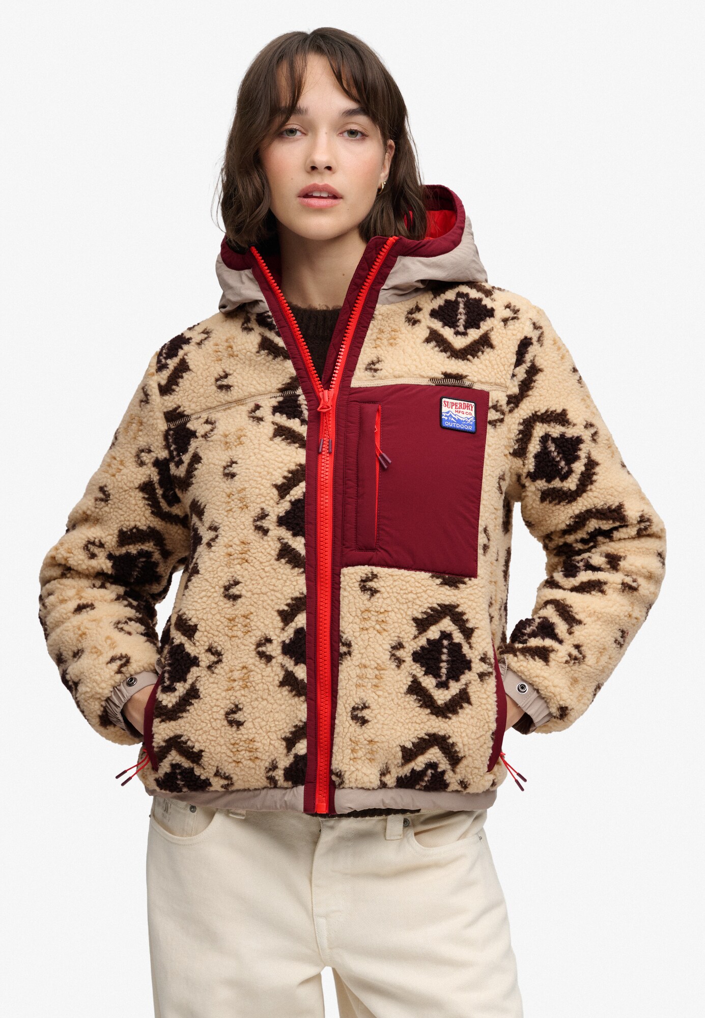 Superdry & Co Jachetă  fleece bej / maro pueblo / maro închis / roșu bordeaux
