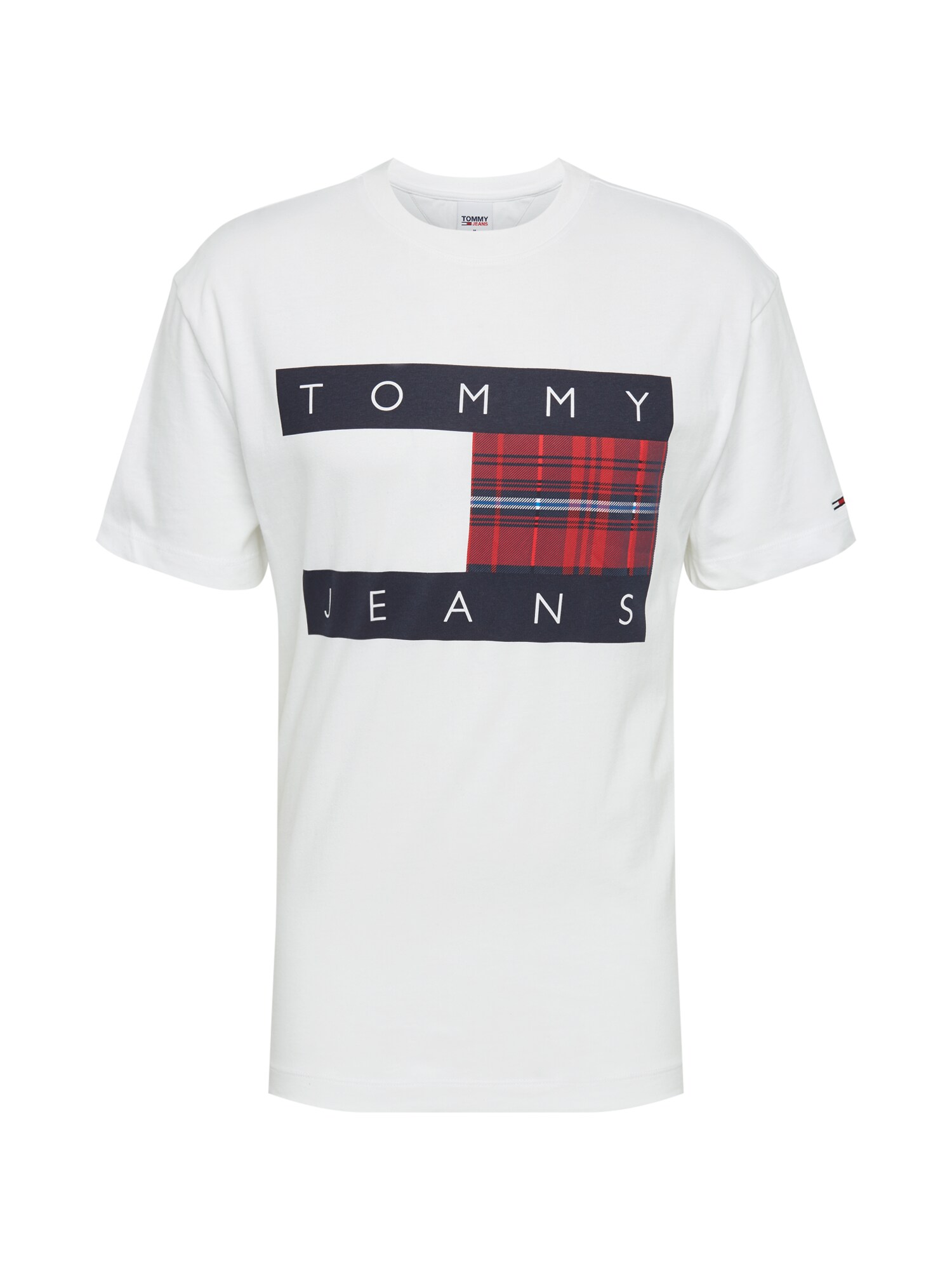 Tommy Jeans Marškinėliai 'Plaid Centre Flag'  balta / mėlyna