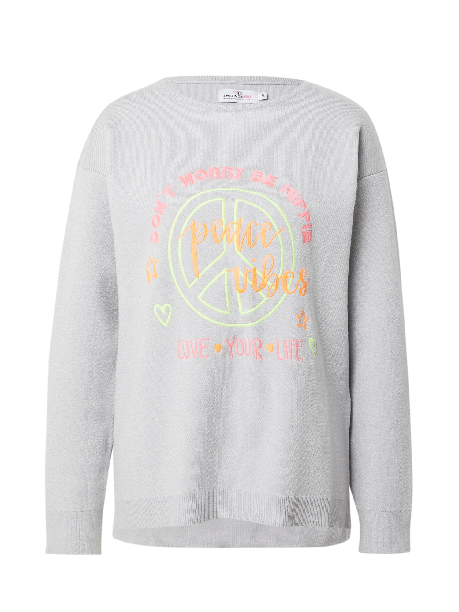 Zwillingsherz Pullover 'Sabine'  cinzento claro / lima / laranja claro / rosa claro