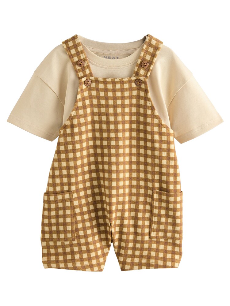 Next Latzhose und kurzarm-T-Shirt 'Set' Jungen Größe 110 beige / braun