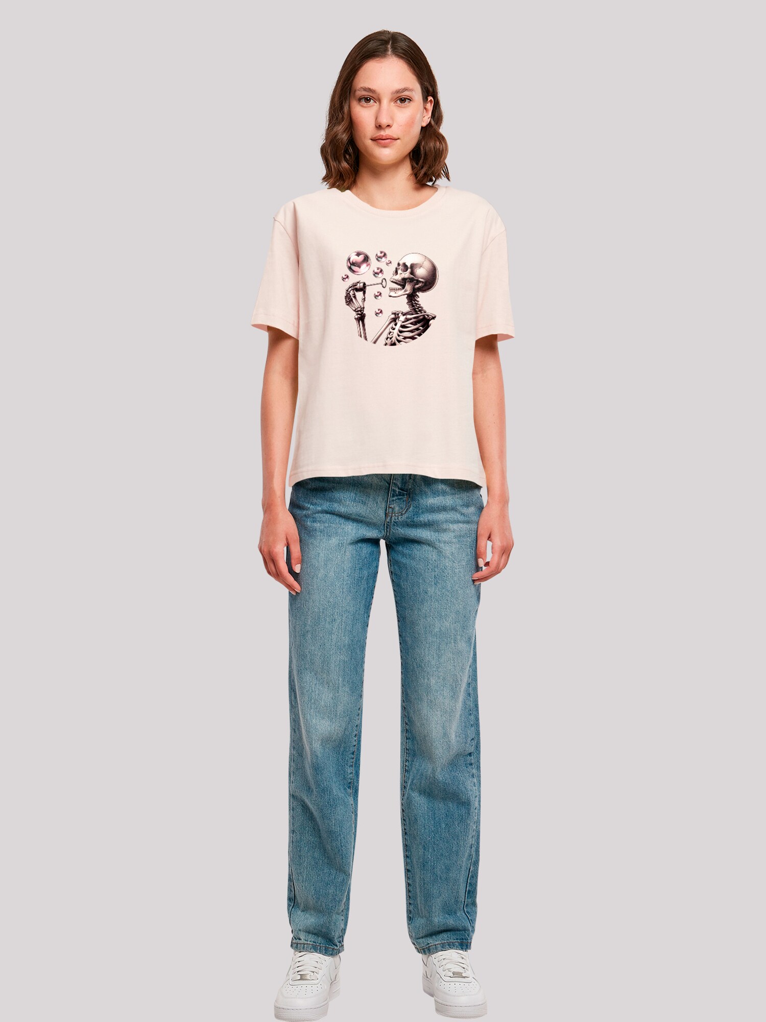 Thumbnail - F4NT4STIC T-Shirt Cute Goth Skeleton Blowing Heart Shaped Bubbles