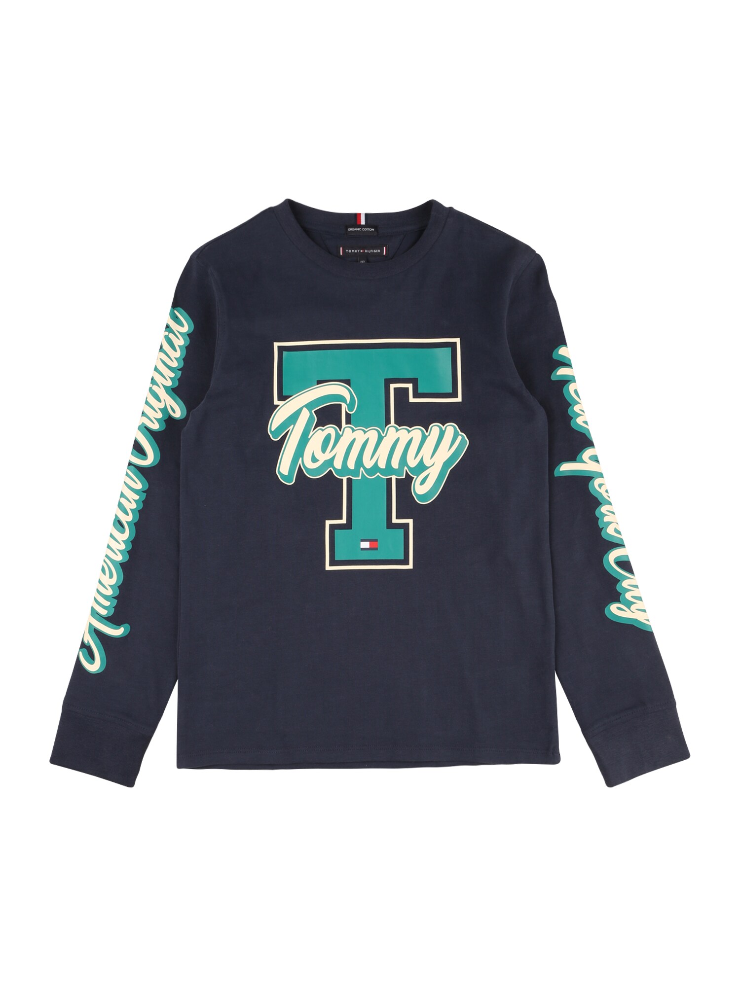 TOMMY HILFIGER Marškinėliai 'FUN VARSITY'  tamsiai mėlyna / turkio spalva / balta