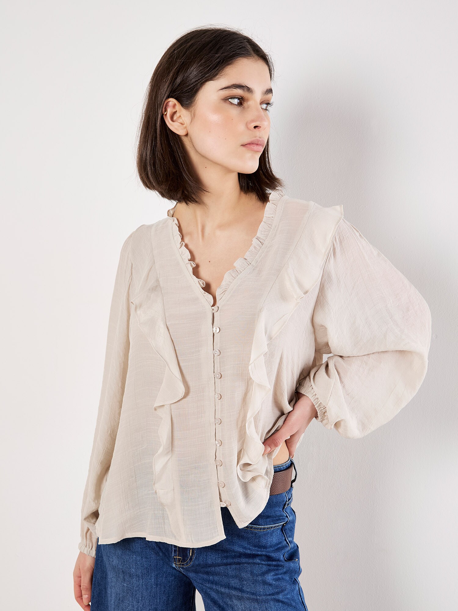 Thumbnail - Apricot Lightweight Ruffle Blouse