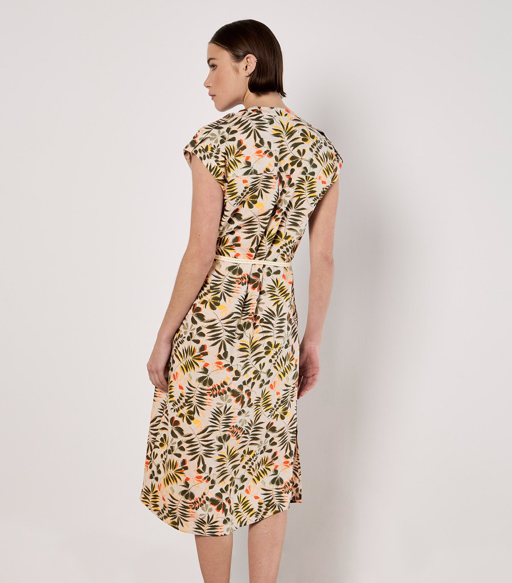 Thumbnail - Apricot Belted Leaf Print Midi Shirt Dress