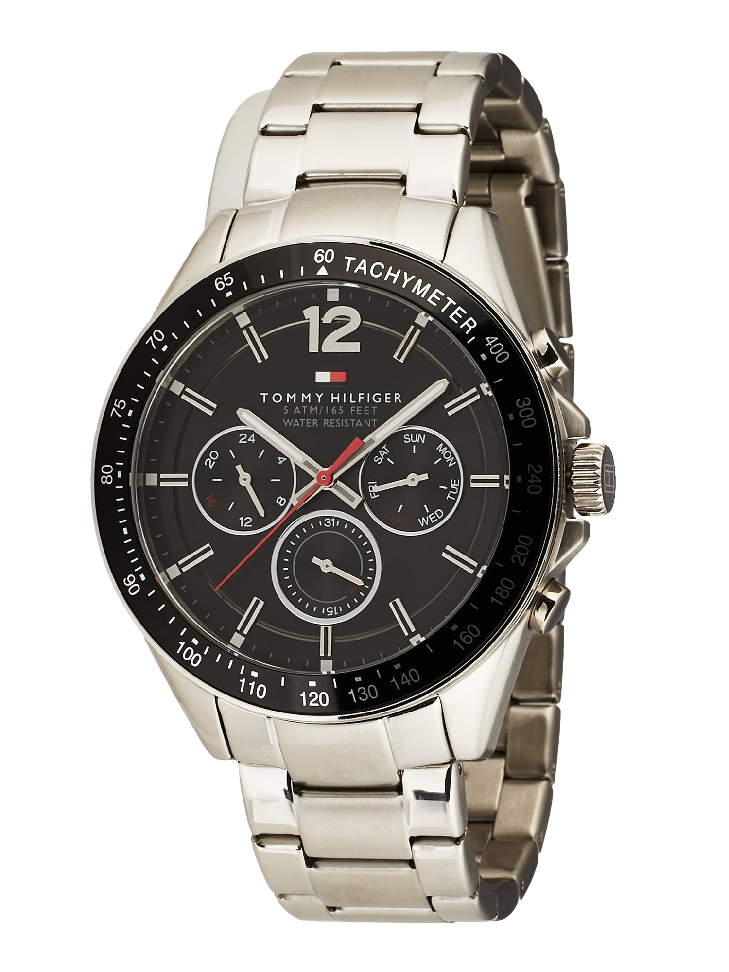 TOMMY HILFIGER Analoginis (įprastinio dizaino) laikrodis 'CASUAL QUARZ MULTIFUNKTION'  juoda / sidabrinė