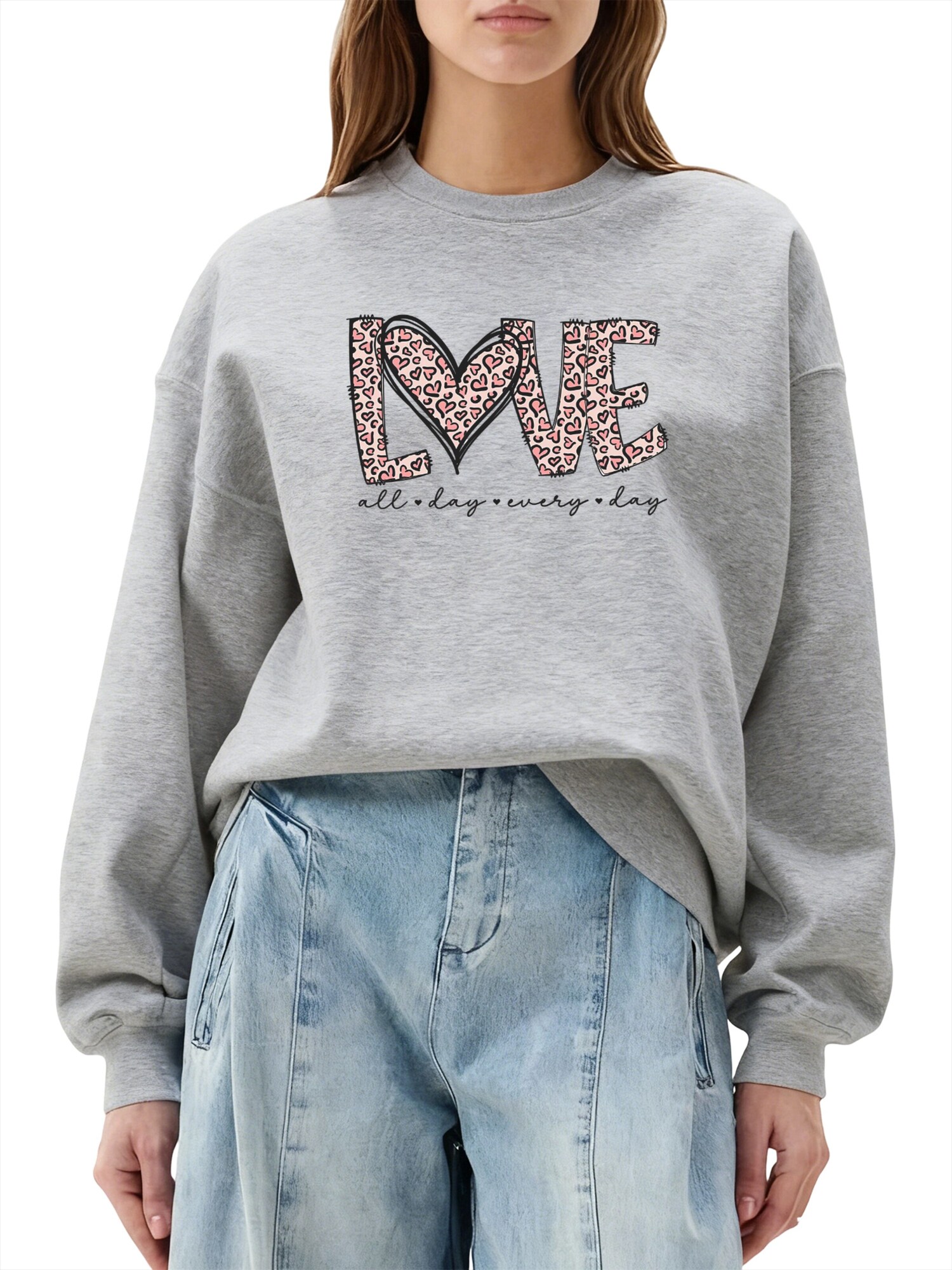 GORHEY Sudadera 'Women's Pullover with Leopard Print Heart, Loose Fleece Pullover for Autumn/Winter' gris