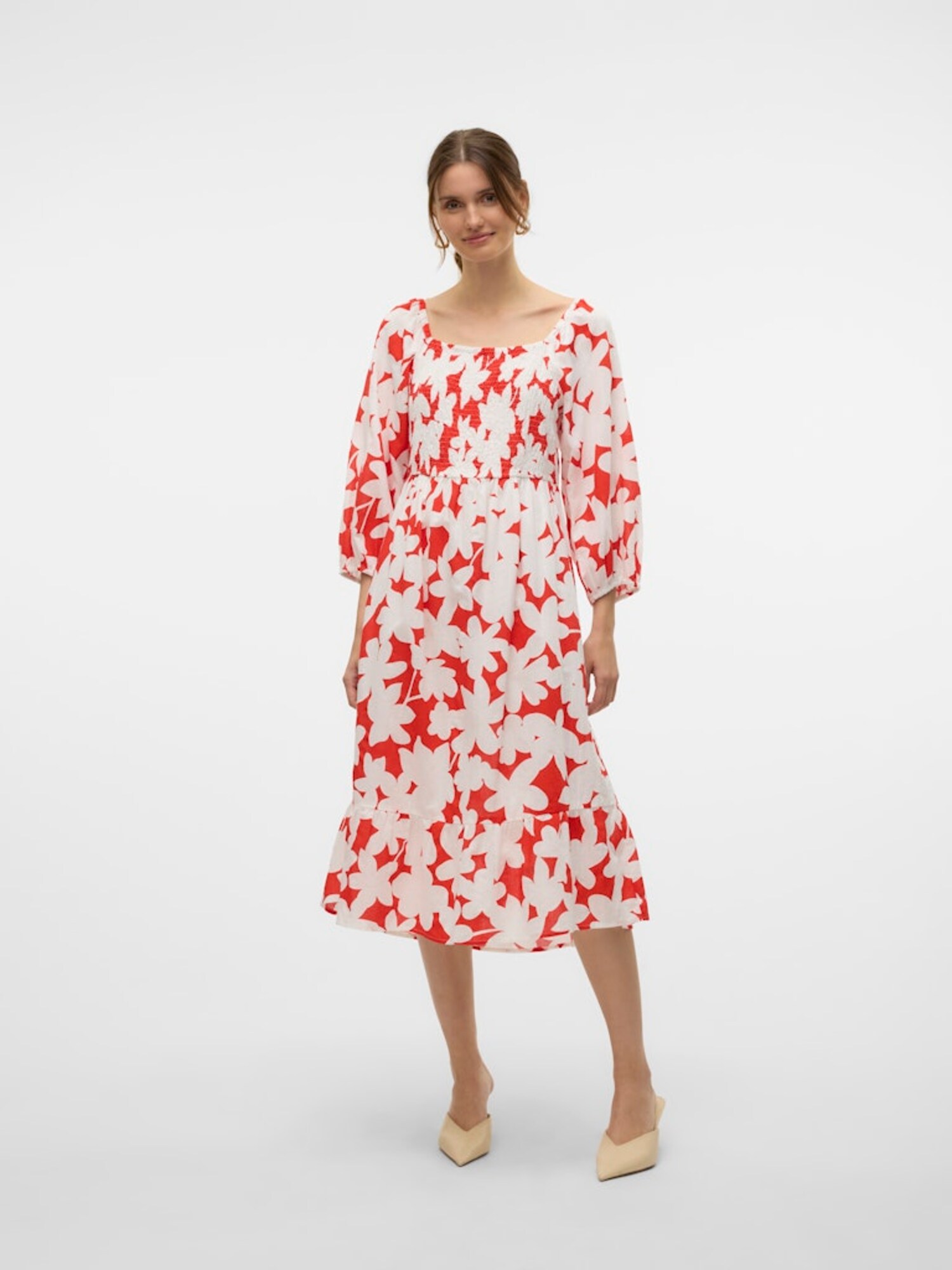 VERO MODA Šaty 'VMDicthe' ohnivo červená / šedobiela (obrázok 4)