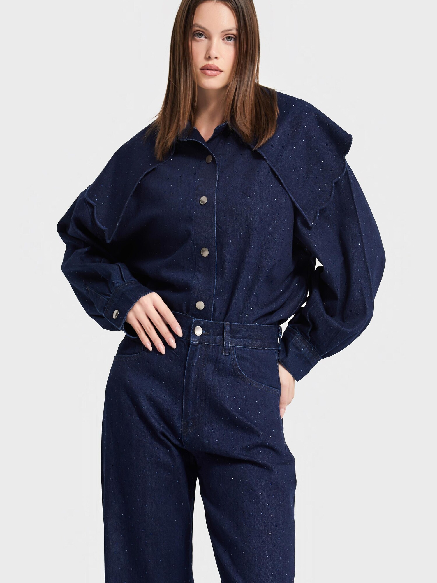 It's Basic Its Basic Oversizeshirt Oversized Rhinestone Denim Shirt