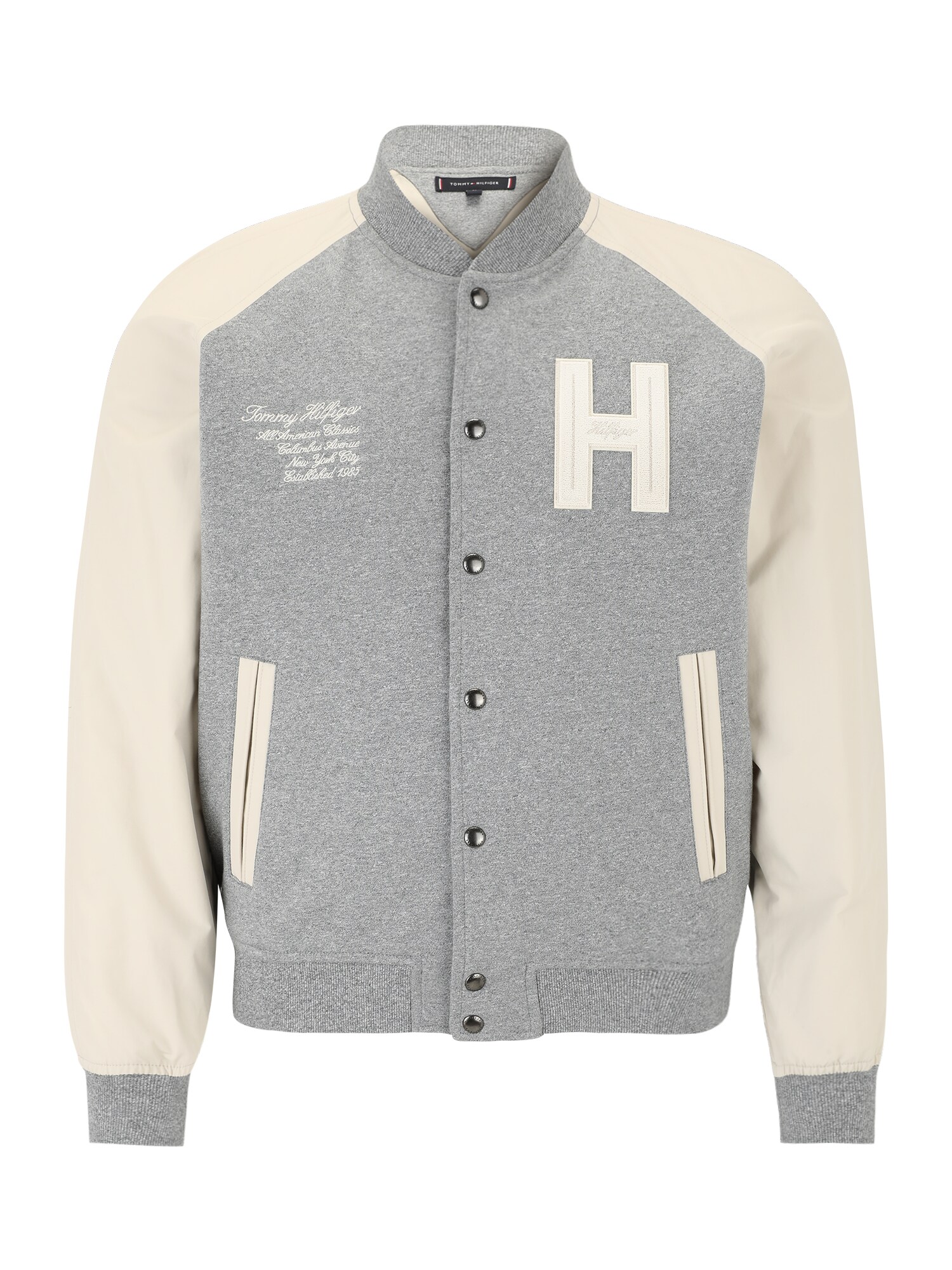 TOMMY HILFIGER Prehodna jakna 'VARSITY'  kremna / pegasto siva / bela