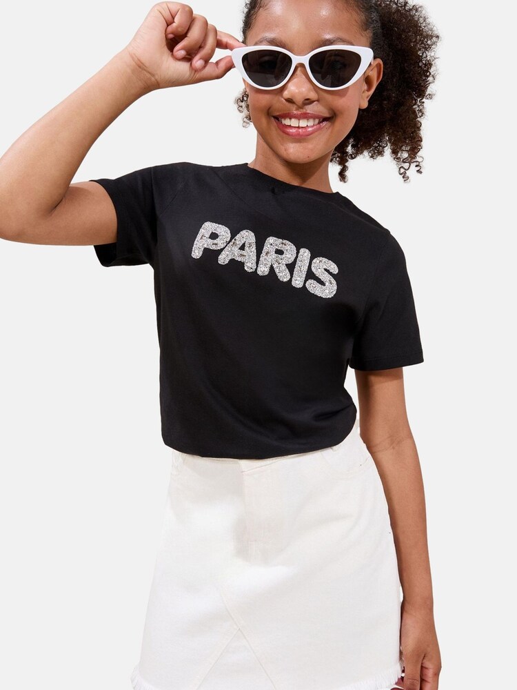 Lipsy T-Shirt 'Paris' Mädchen Größe 152 schwarz / silber