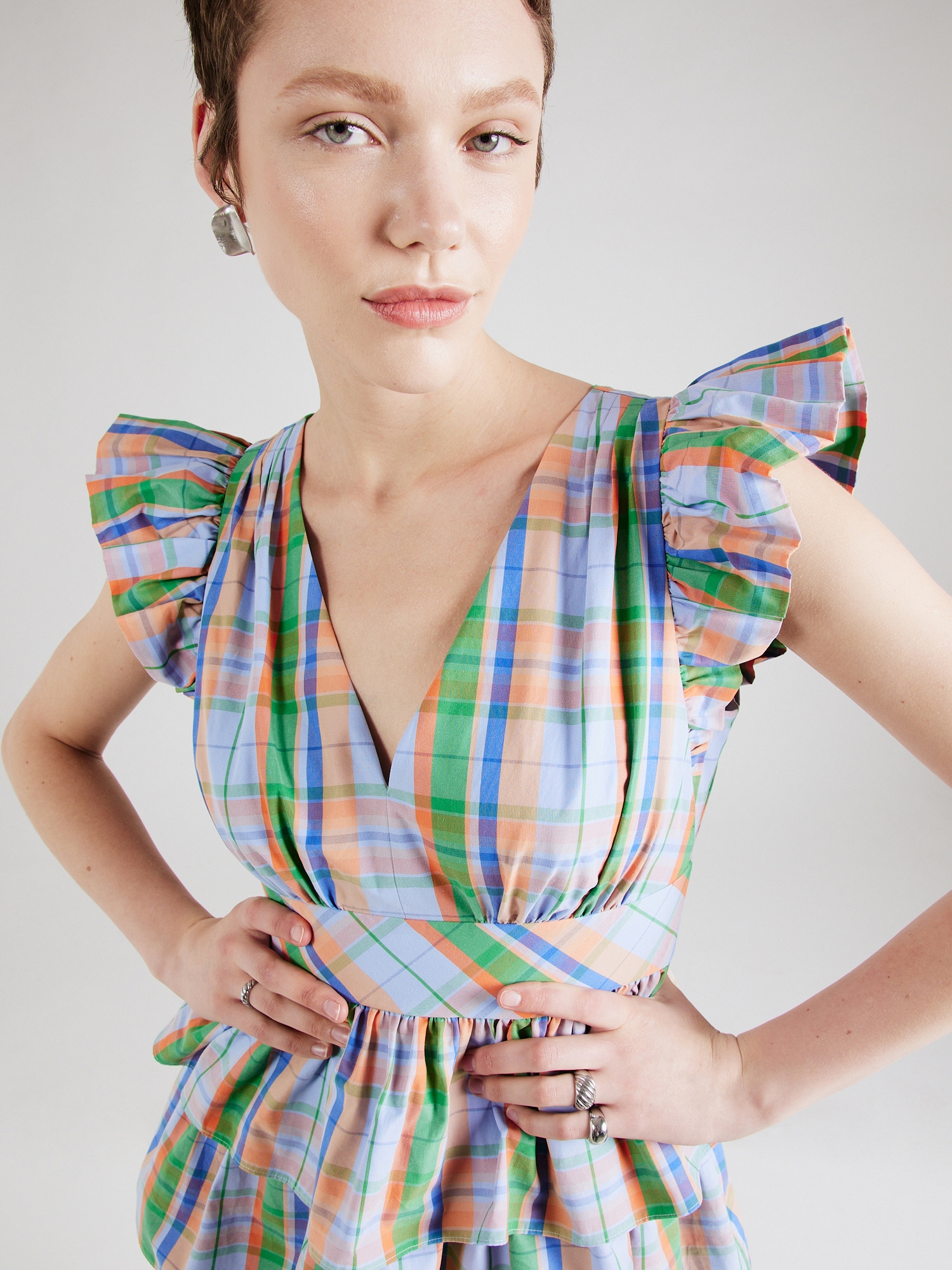 Kate Spade Šaty 'Sunshine Madras Tiered Dress' svetlomodrá / tmavomodrá / zelená / oranžová (obrázok 5)