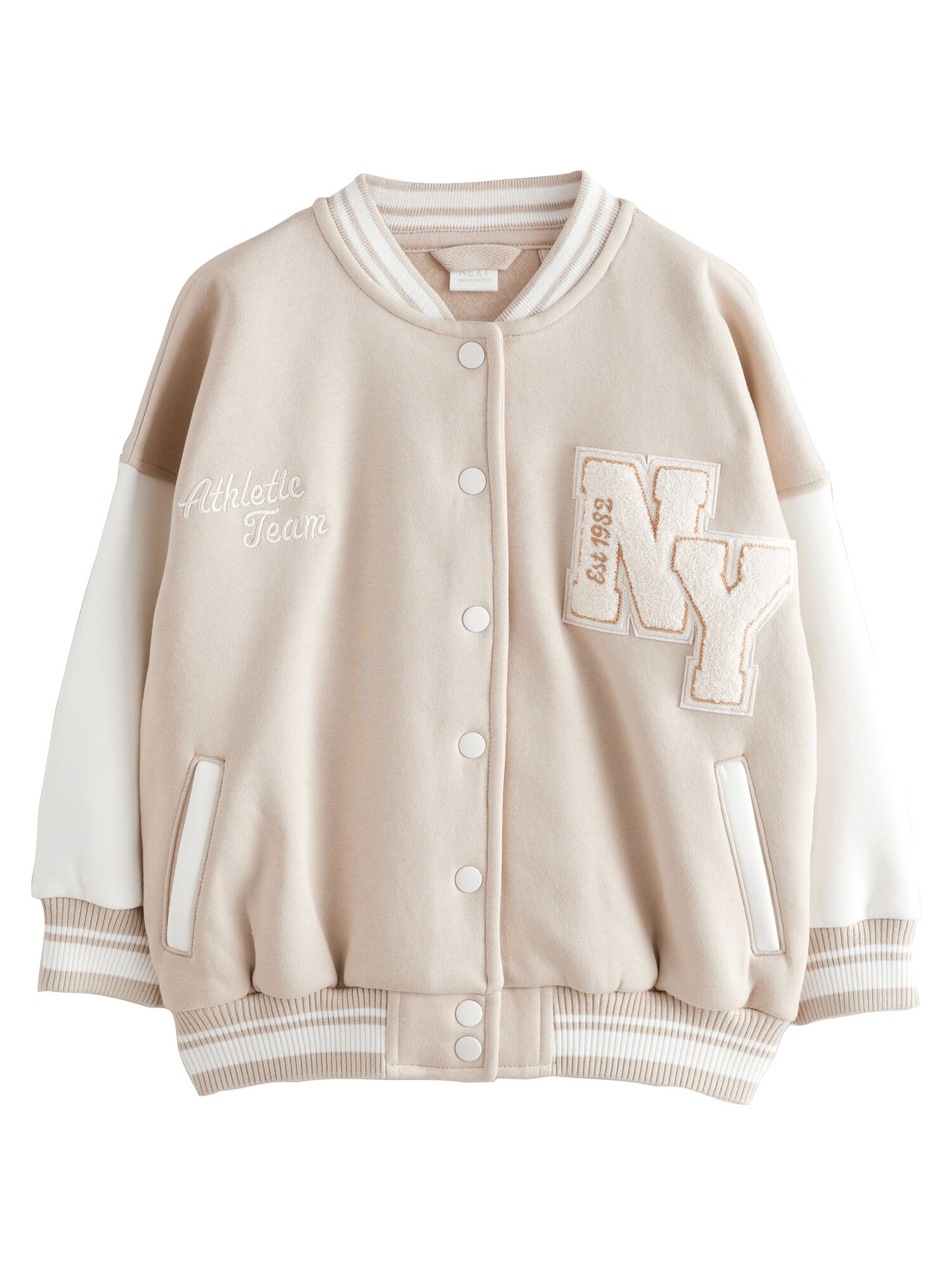 Next Geacă de primăvară-toamnă Bestickte Varsity  bej / alb
