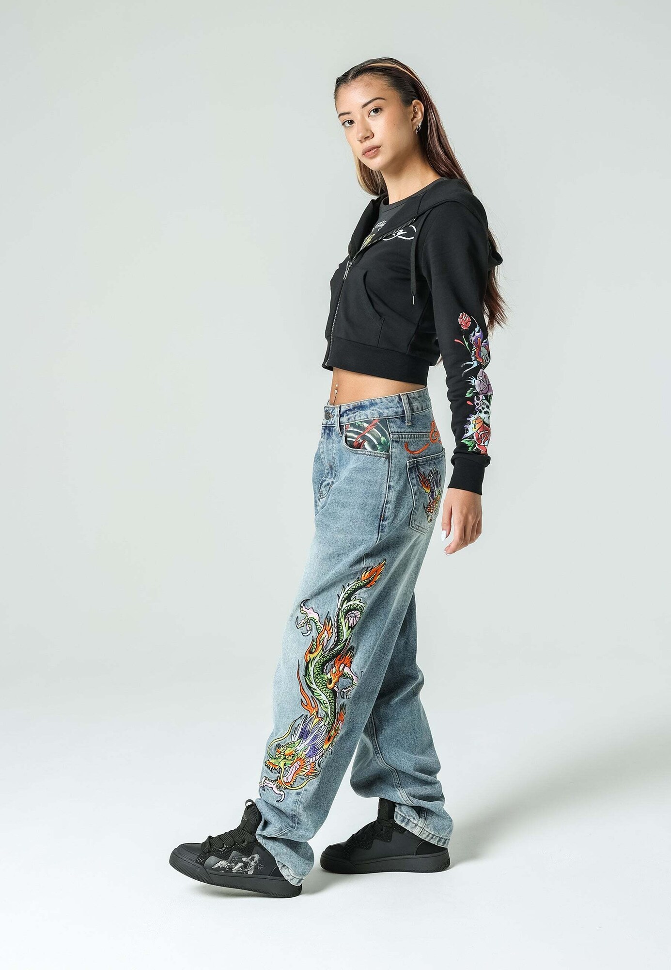 Ed Hardy Džínsy 'Crawling Dragon'  modrá denim / zelená (obrázok 3)