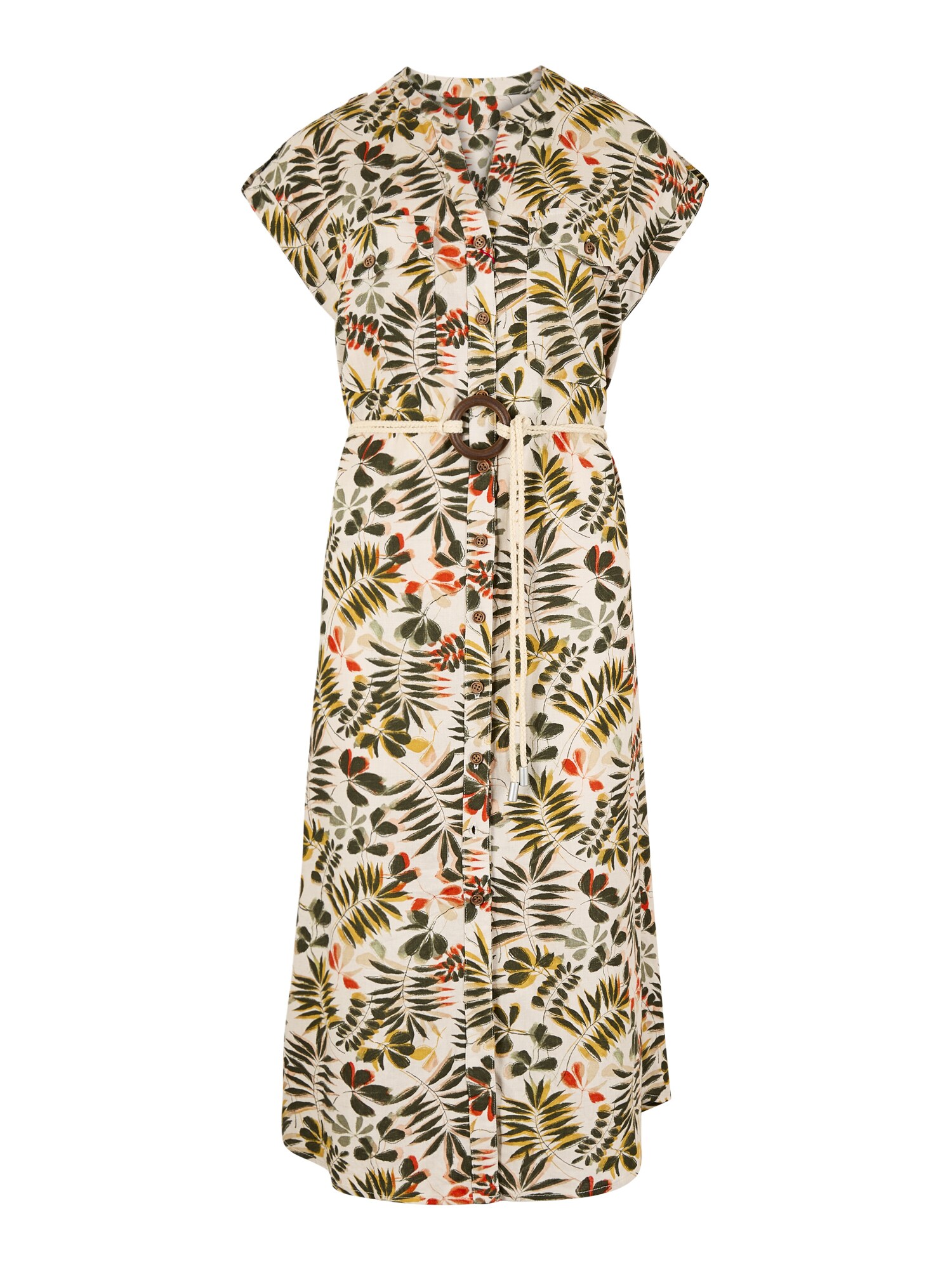 Apricot Belted Leaf Print Midi Shirt Dress