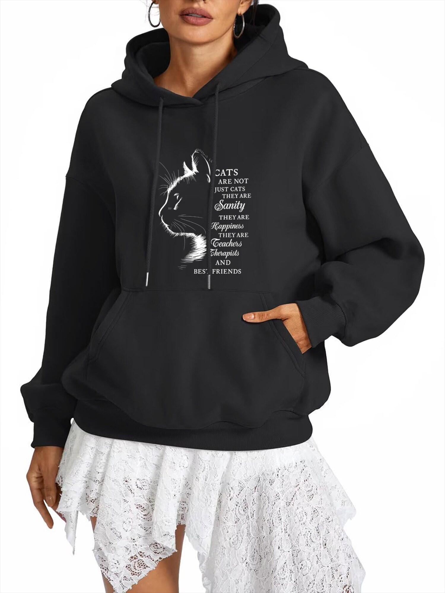 GORHEY Sudadera 'Women's Casual Fleece Hoodie with Cat Graphic Print & Large Pockets' negro