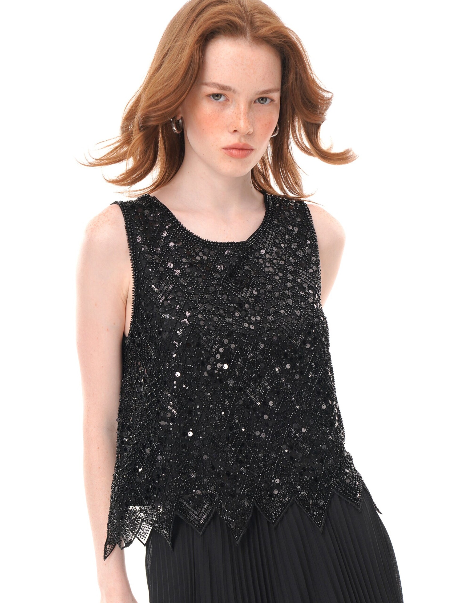 Yoligex Topp 'Beaded Sequined Mesh Sleeveless Top, Irregular Pointed‑Hem Sheer Crew Neck Vest' dam
