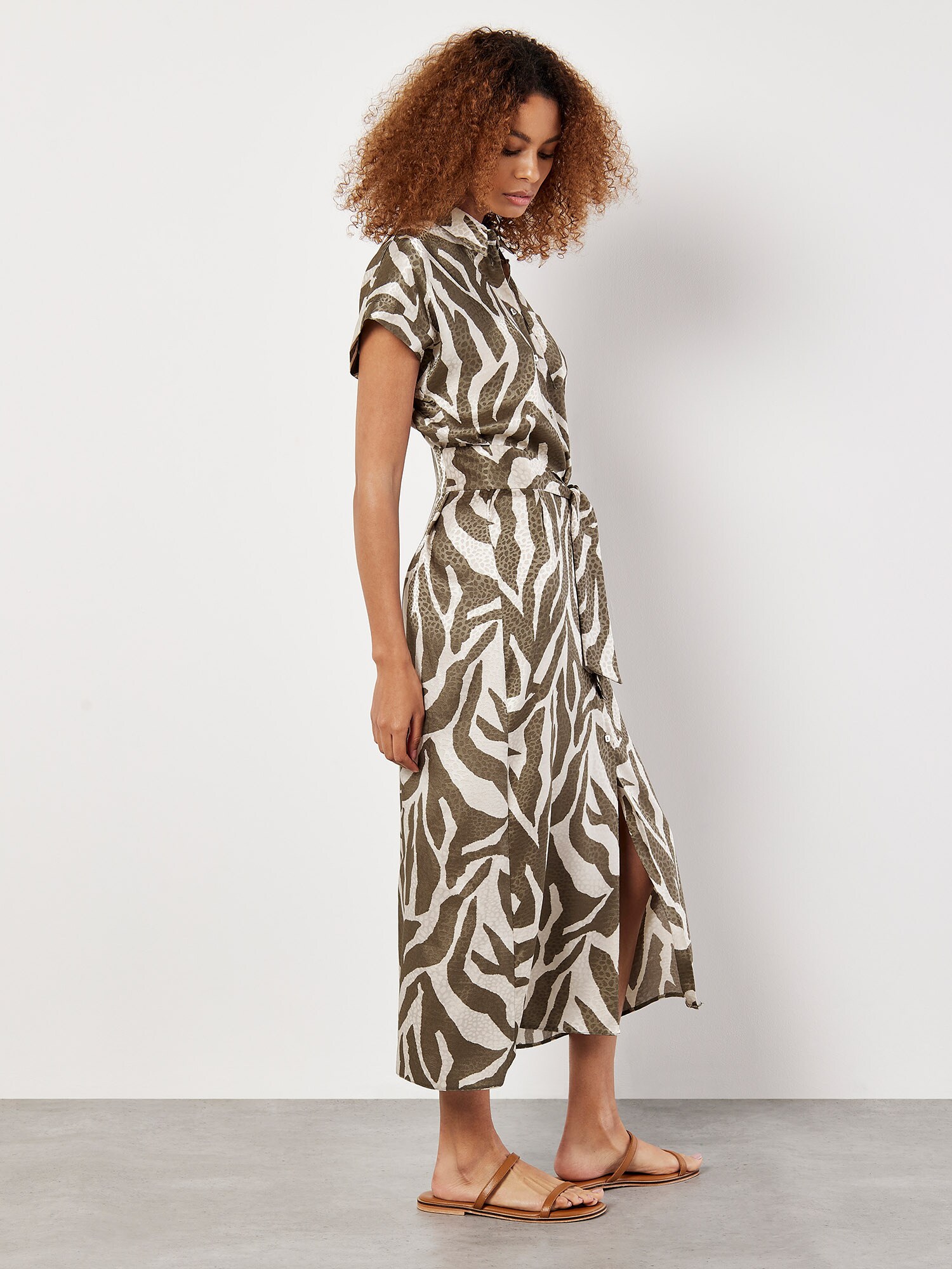 Thumbnail - Apricot Textured Satin Zebra Print Midi Dress