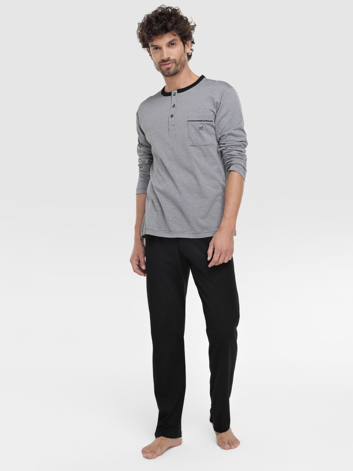 zd ZERO DEFECTS Pijama largo 'Black 100% mercerized cotton' negro