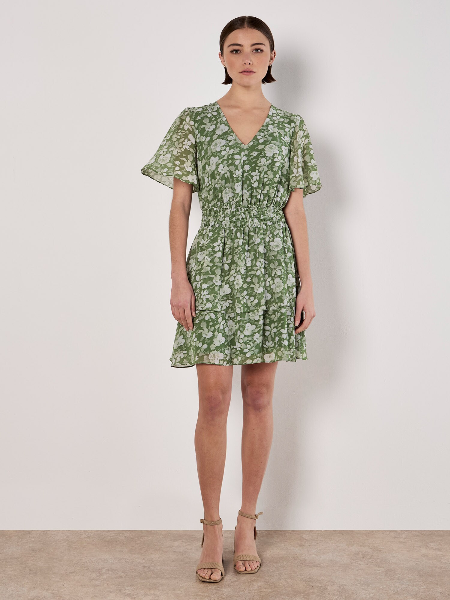 Thumbnail - Apricot Watercolour Rose Tiered Mini Dress