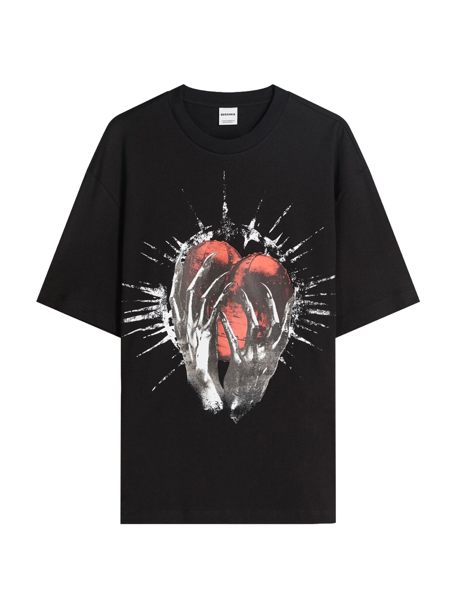 Bershka Tricou HEART  gri metalic / roșu deschis / negru / alb