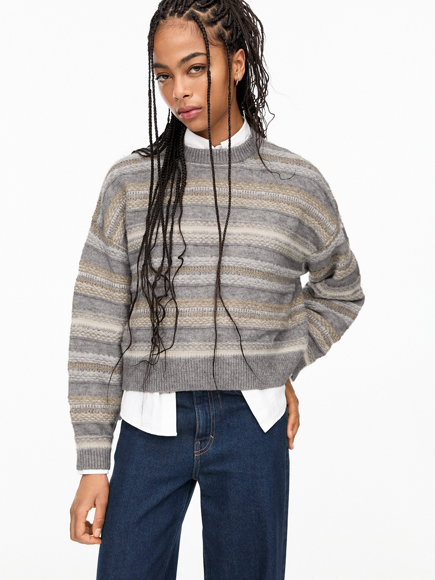 Pull&Bear Pulóver  cappuccinobarna / szürke melír / fehér termék 2. képe
