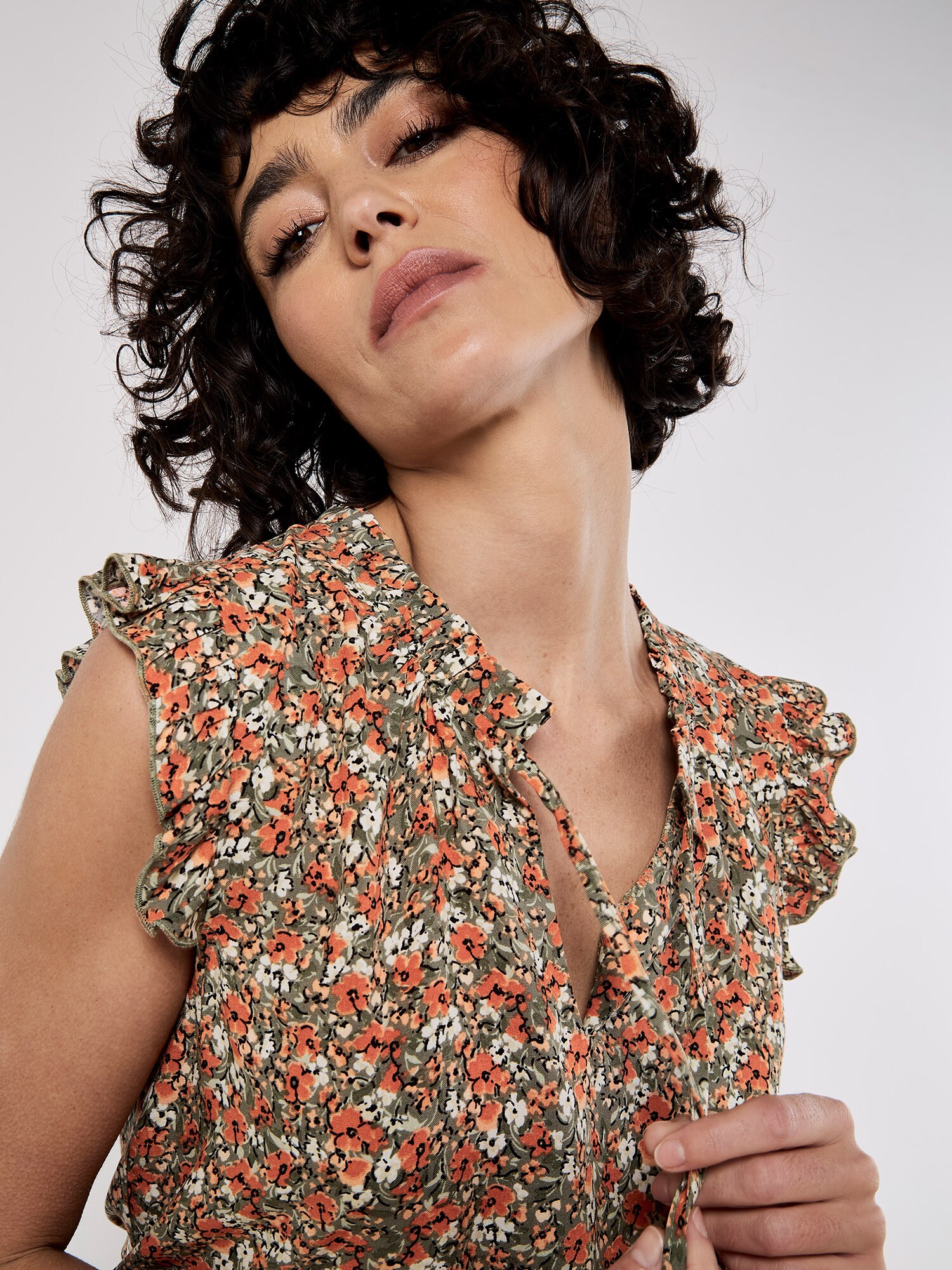 Thumbnail - Apricot Ditsy Floral Ruffle Sleeve Top