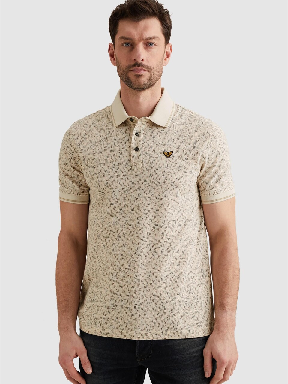 T-shirt 'Polo shirt with allover print and ribbed collar'