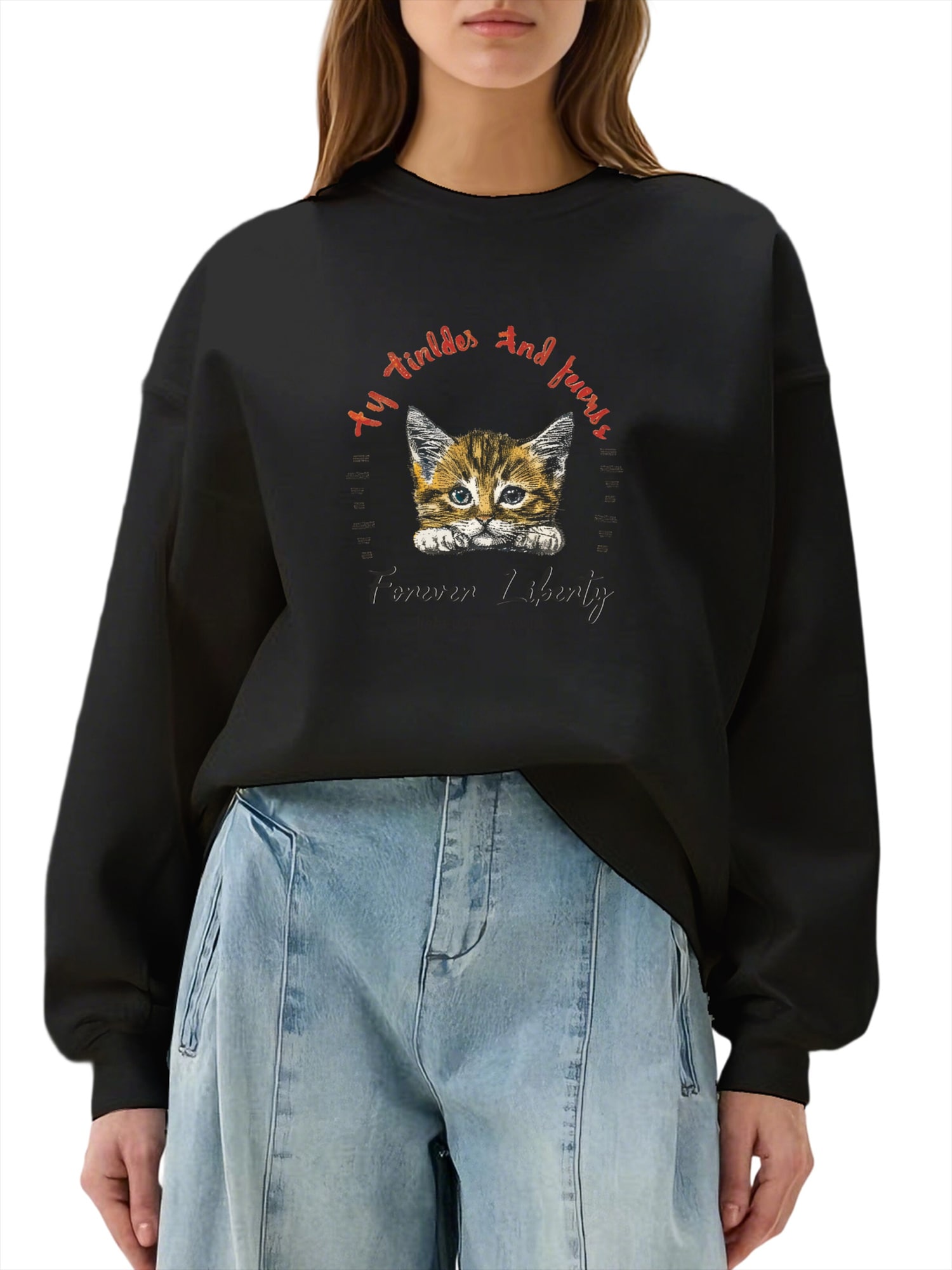 GORHEY Sudadera 'Women's Crew Neck Sweatshirt with Cat Print & Fleece Lining for Autumn/Winter' negro