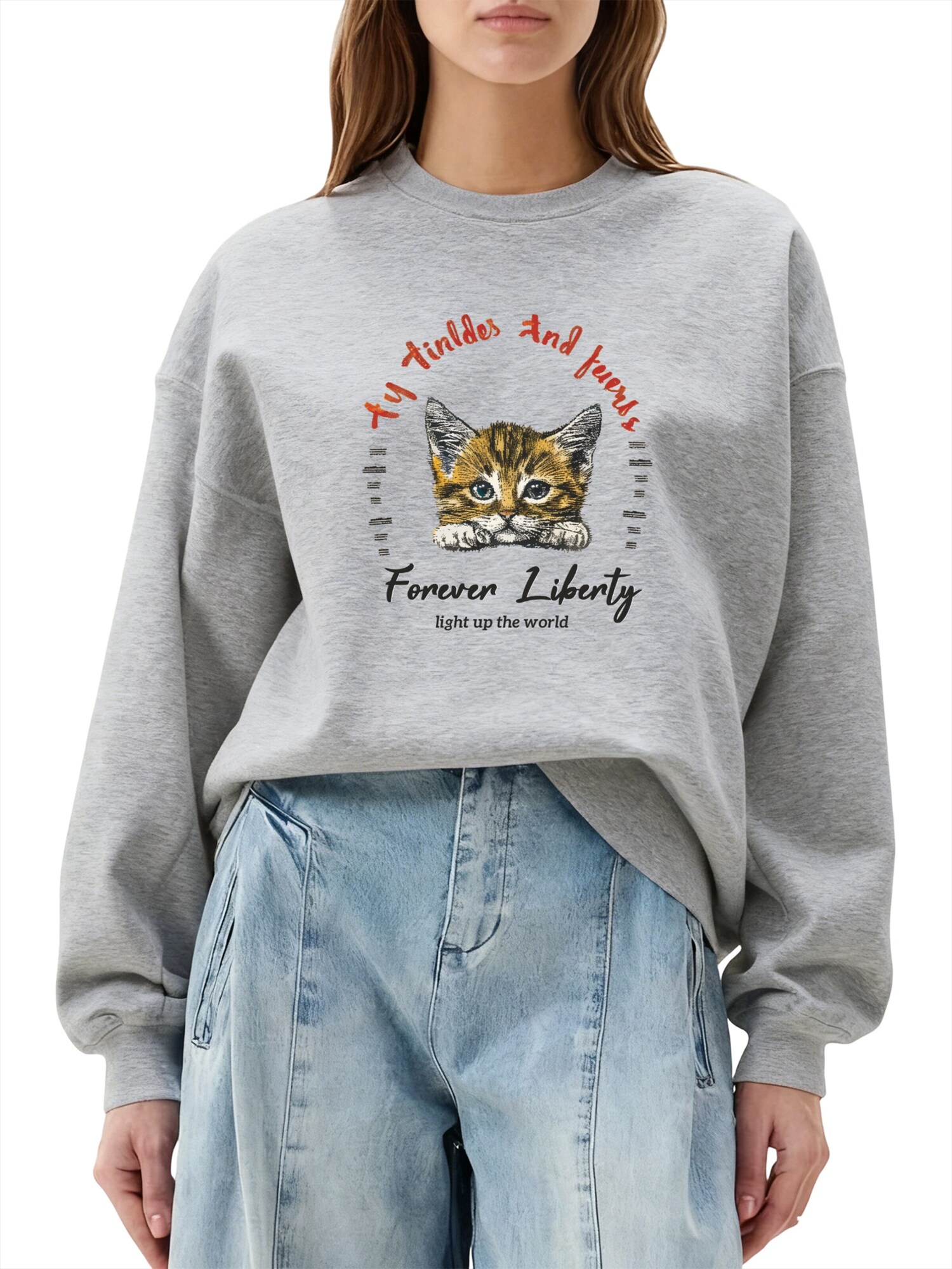 GORHEY Sudadera 'Women's Crew Neck Sweatshirt with Cat Print & Fleece Lining for Autumn/Winter' gris
