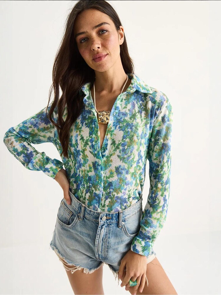 Bianco Lucci Bluse Damen Größe S blau / oliv / weiß