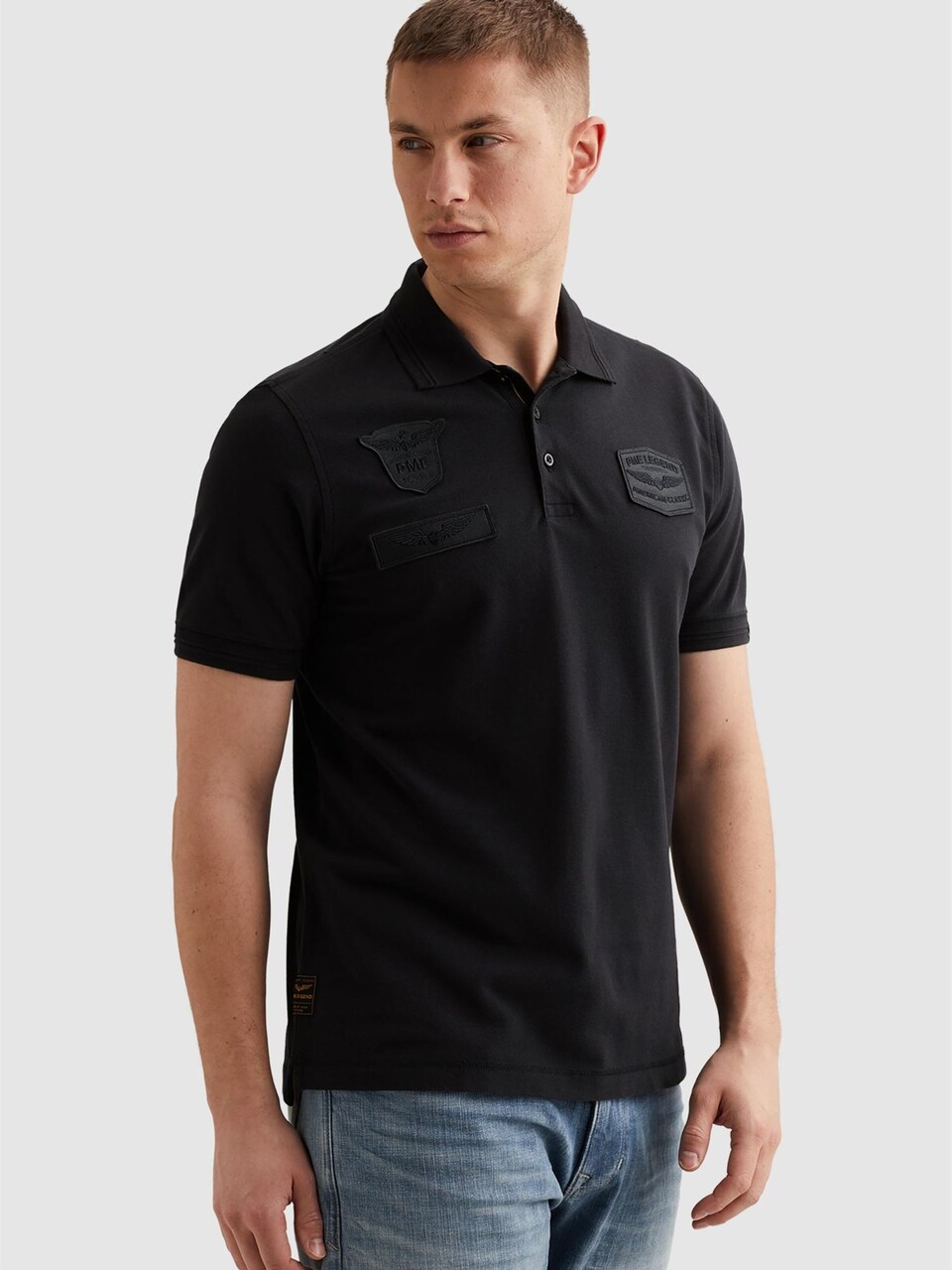 T-shirt 'Polo shirt with badges and ribbed collar'