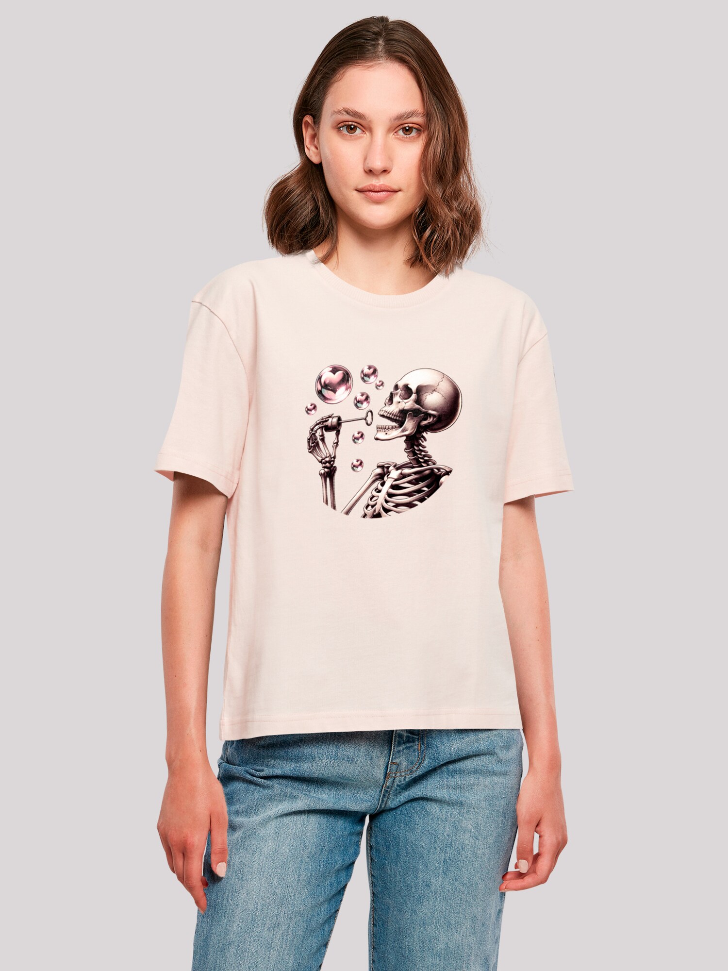 Thumbnail - F4NT4STIC T-Shirt Cute Goth Skeleton Blowing Heart Shaped Bubbles