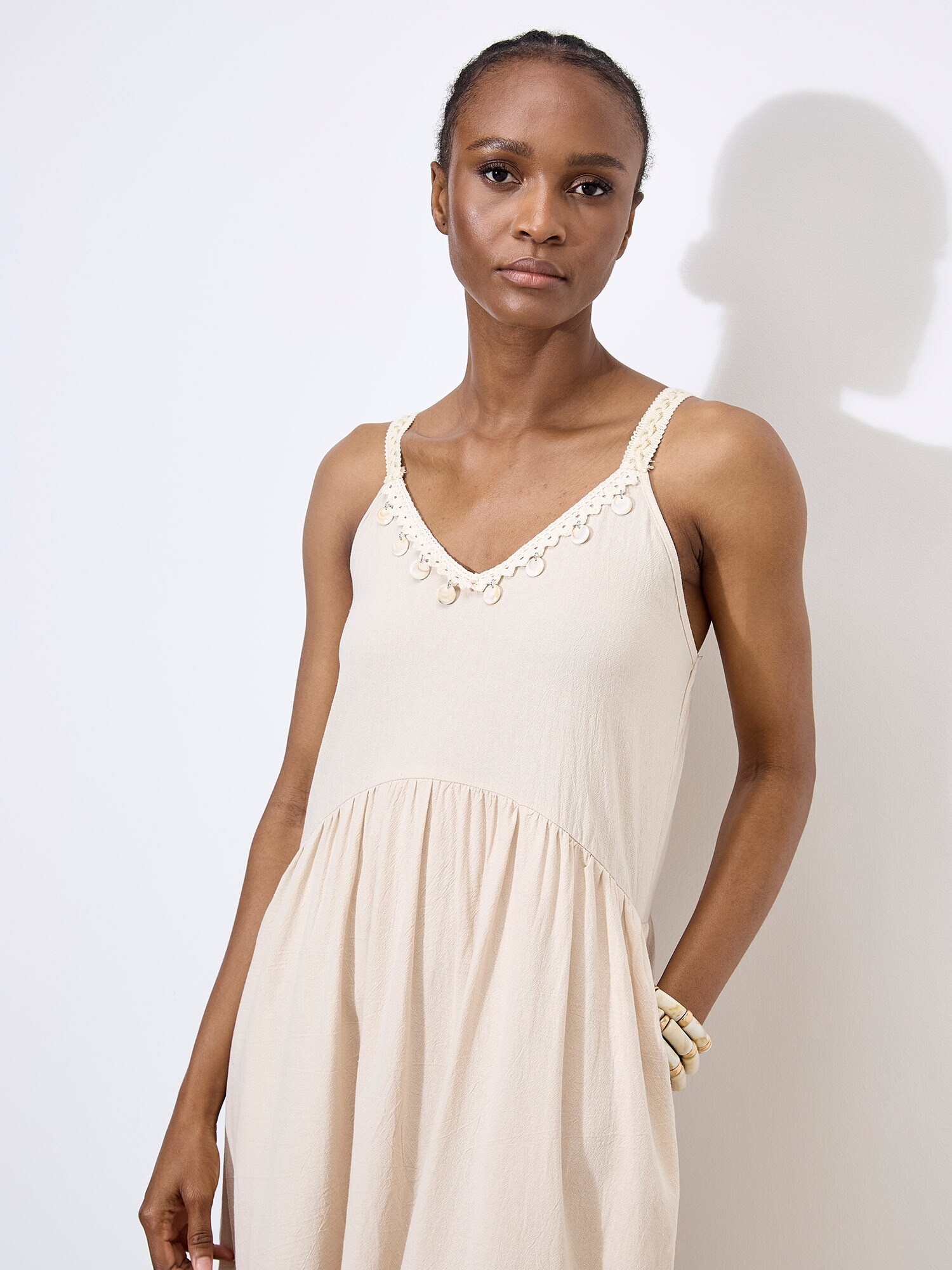 Thumbnail - Apricot Bead Embellished Cotton Midaxi Dress